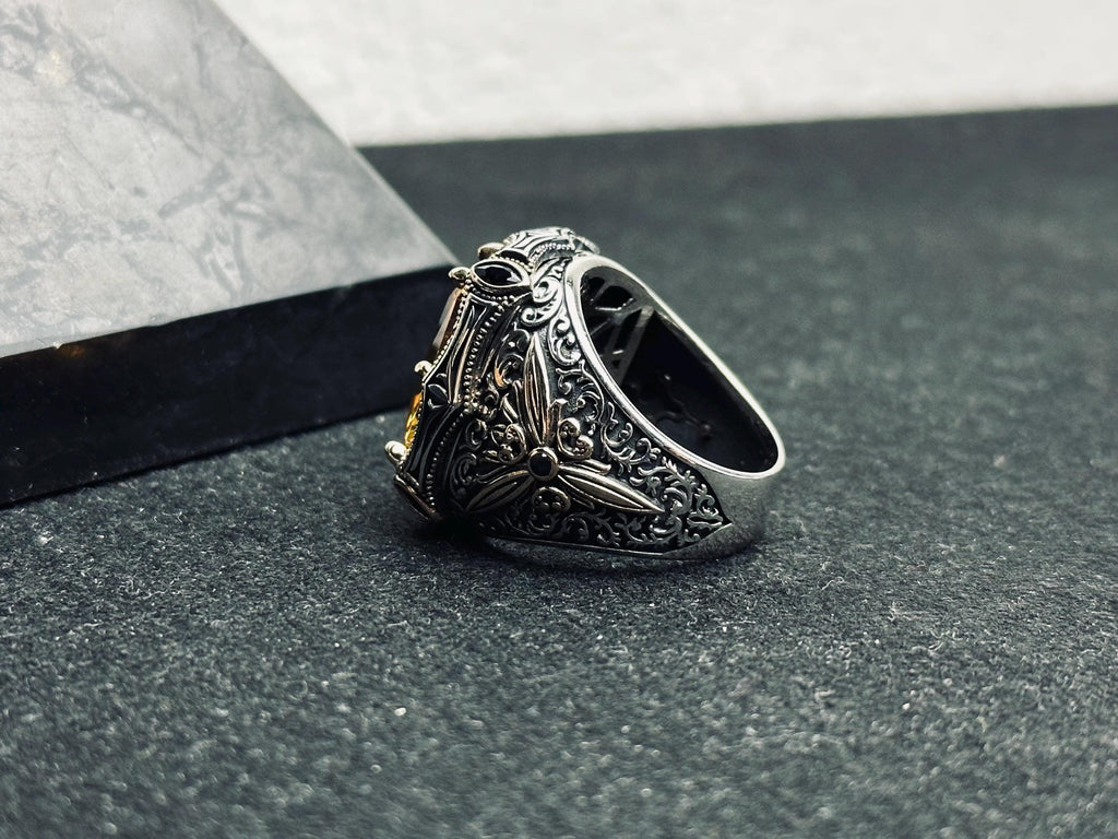 Men's Citrine Ring, Square Cut Stone, Sterling Silver (Handmade)