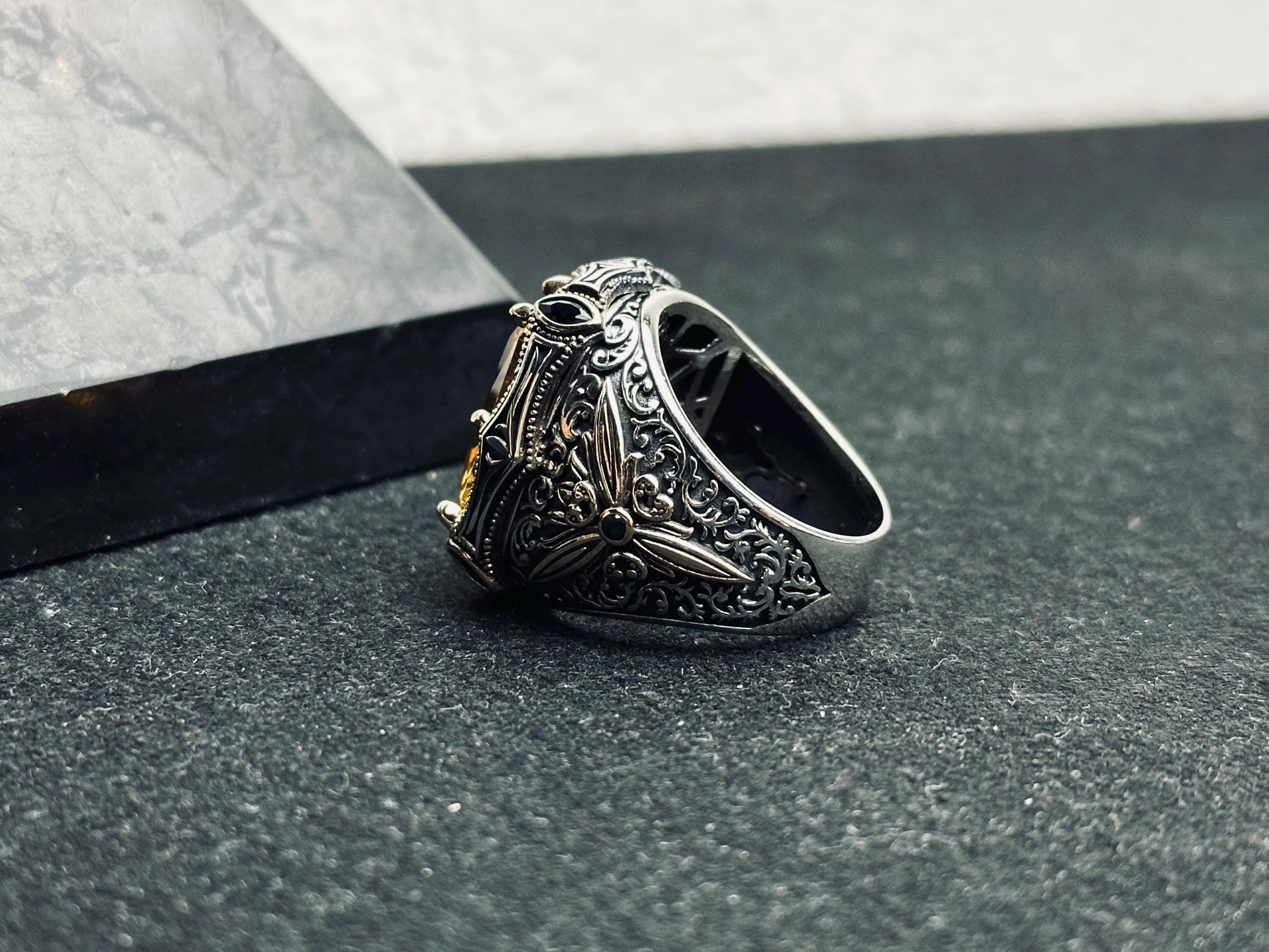 Men's Citrine Ring, Square Cut Stone, Sterling Silver (Handmade)