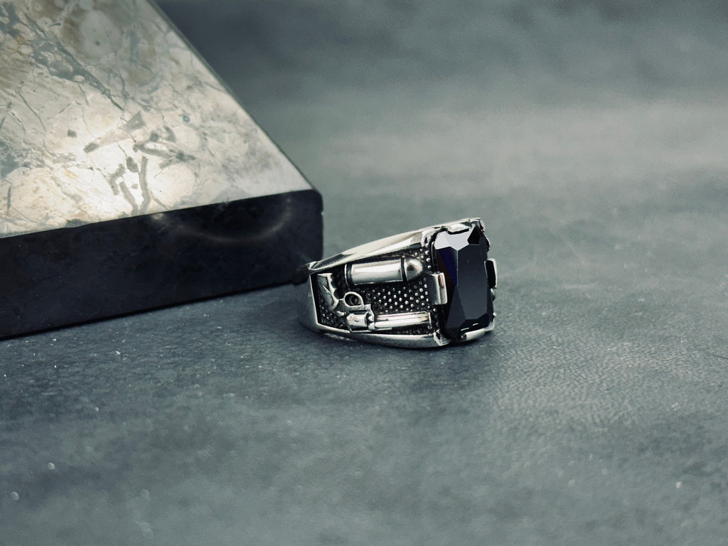 Men's Sterling Silver Bullet Ring, Revolver Engraving (Bold Statement)