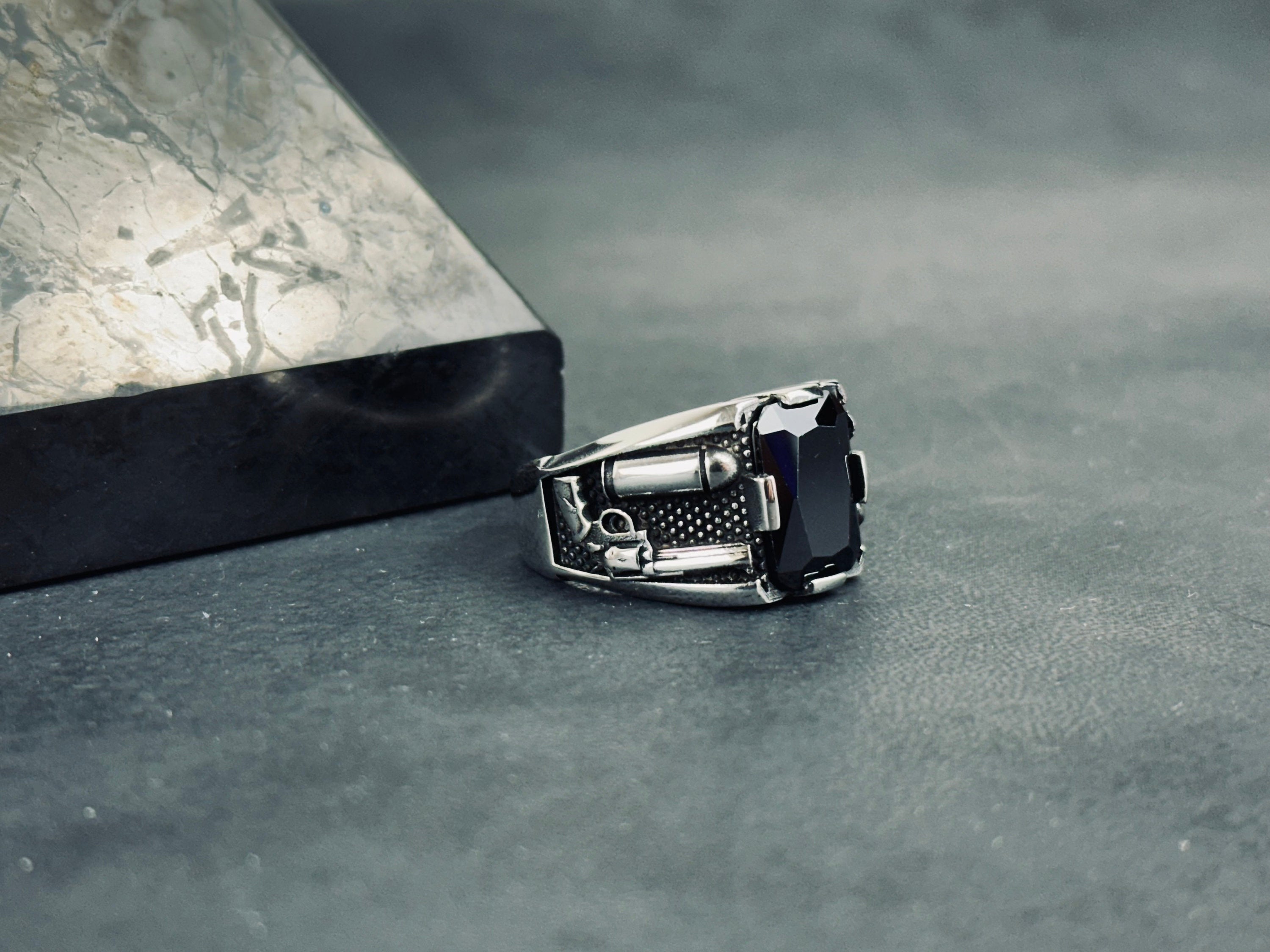 Men's Sterling Silver Bullet Ring, Revolver Engraving (Bold Statement)