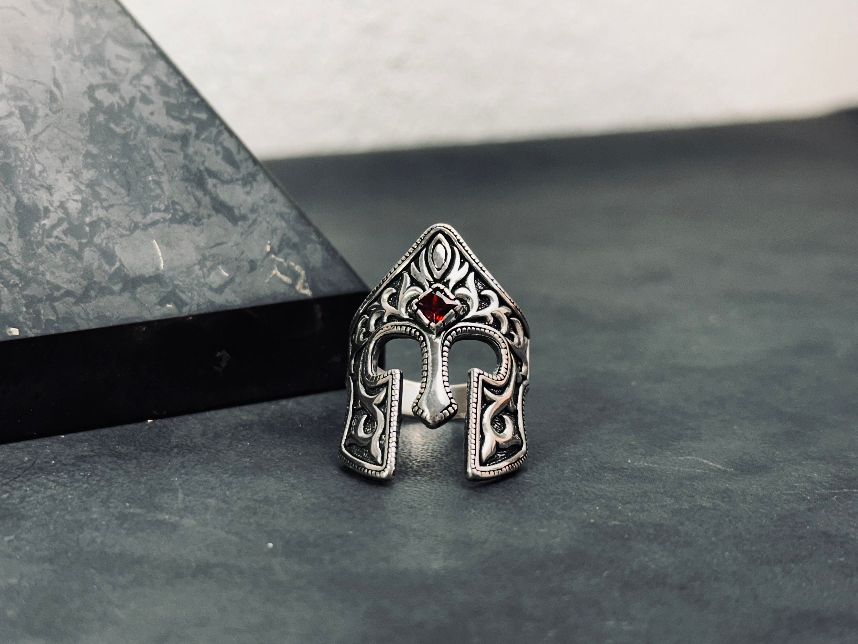 Helm Ring: Sterling Silver with Zircon - Handmade Warrior Design