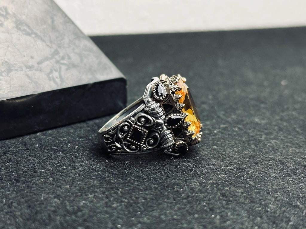 Sterling Silver Mens Citrine Ring: Turkish Handmade, Rectangular Stone
