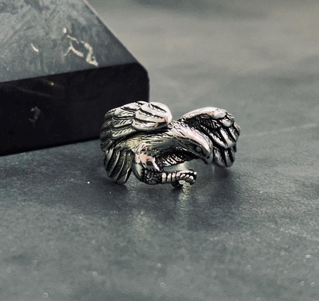 Boho Sterling Silver Eagle Ring, Adjustable Band (Unisex)