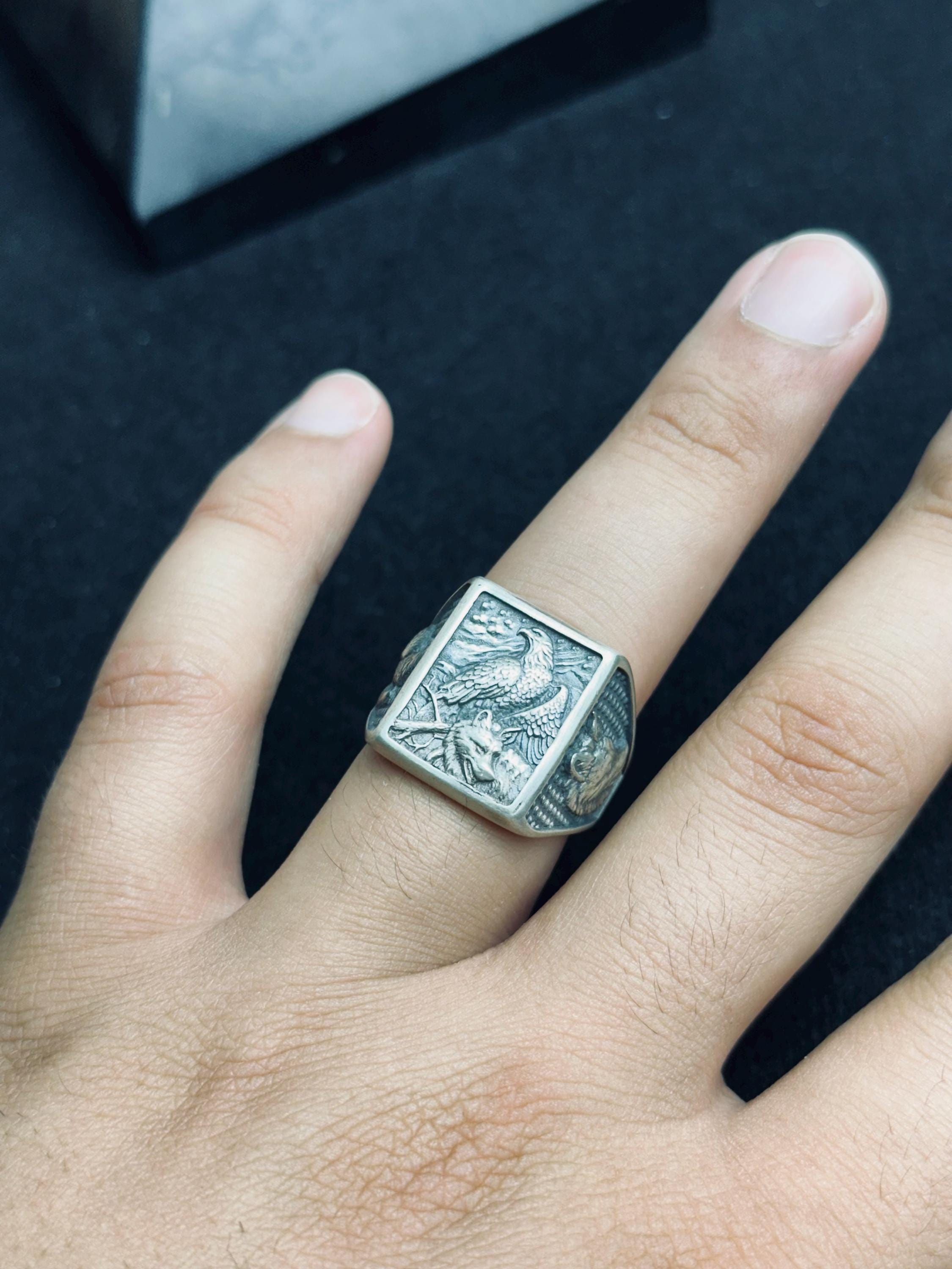 Square Eagle Ring: Sterling Silver Handmade - Patriotic Statement