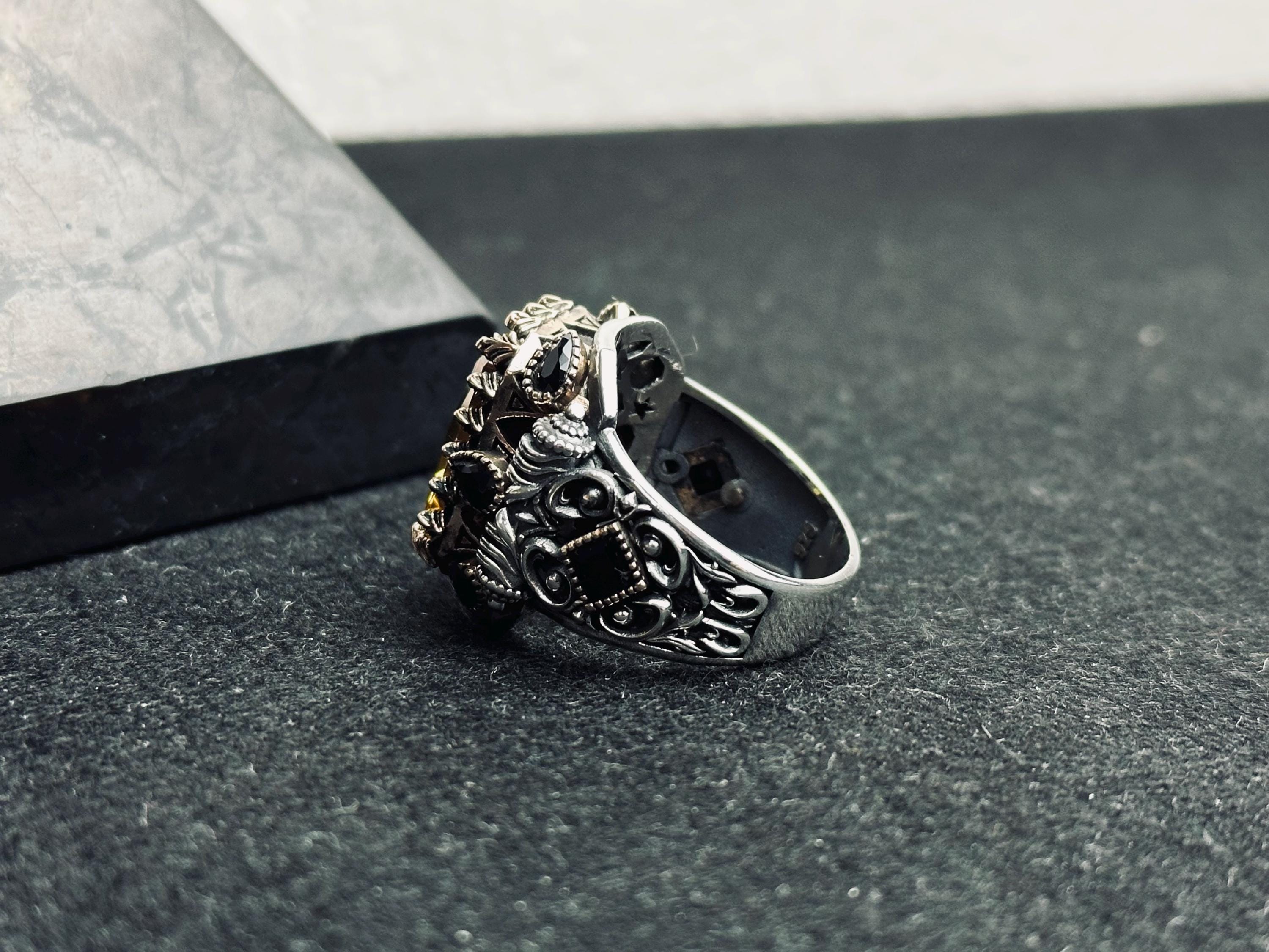 Sterling Silver Mens Citrine Ring: Turkish Handmade, Rectangular Stone