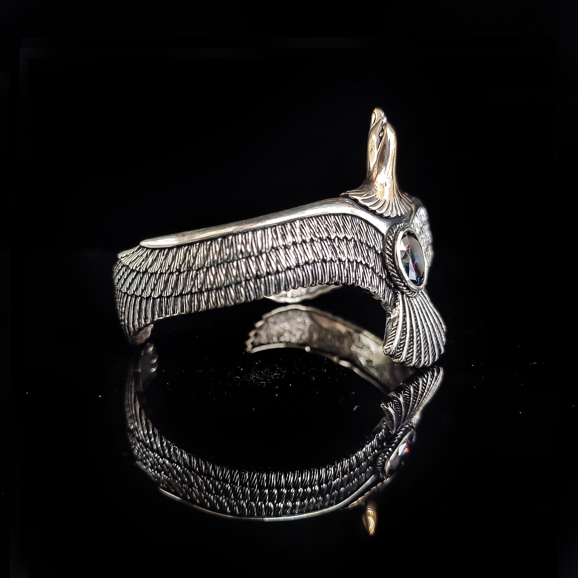 Sterling Silver Eagle Cuff Bracelet, Mystic Topaz Stone (Handmade)