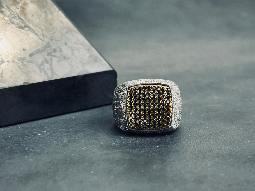 Engraved Zircon Dot Ring: Sterling Silver with Rhodium Finish