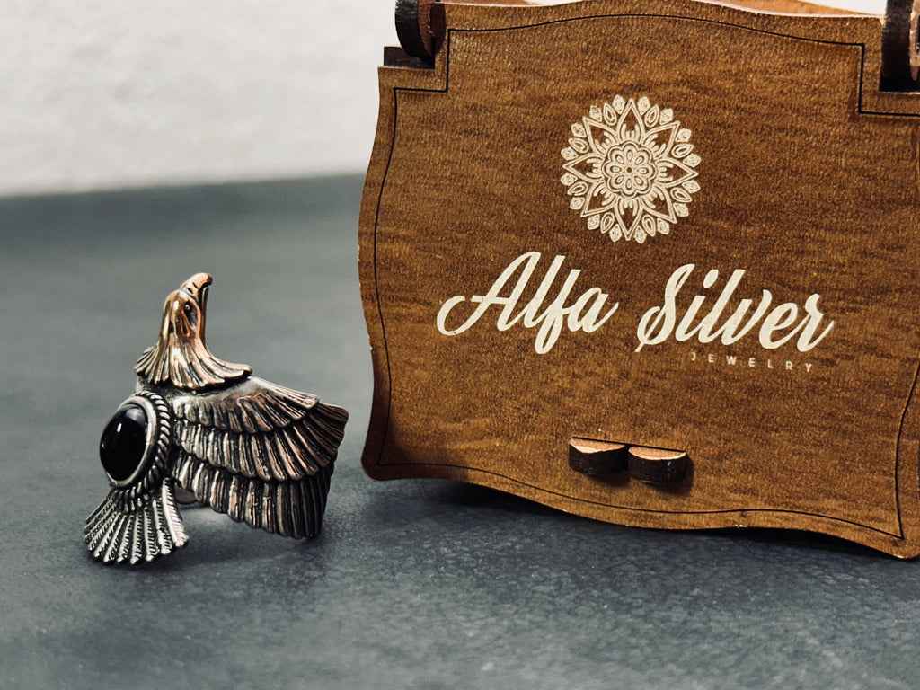 Eagle Ring: Onyx Stone, Sterling Silver - Adjustable Oxidized Finish