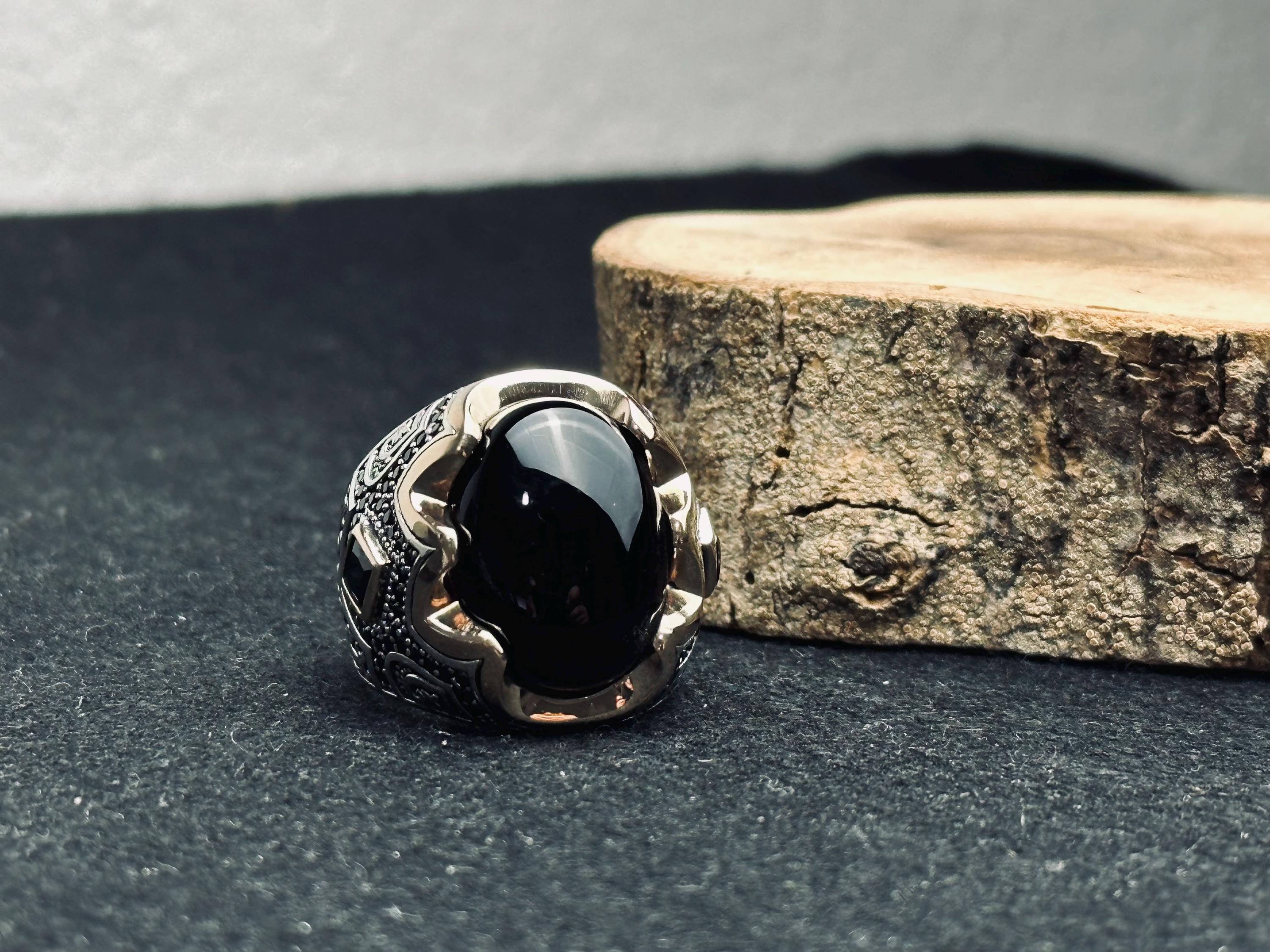 Men's Oxidized Sterling Silver Ring, Black Onyx Gemstone (Handmade)