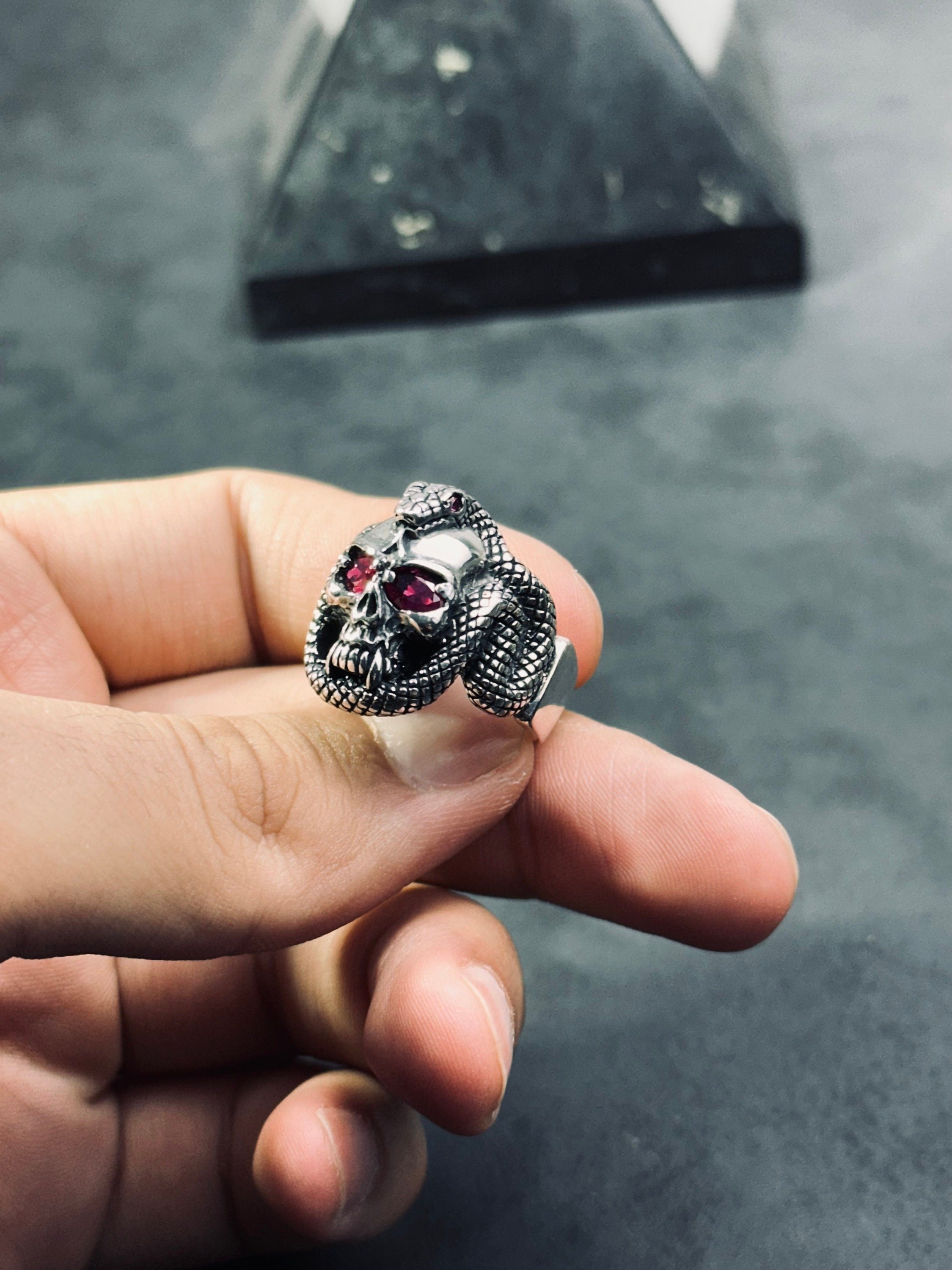 Sterling Silver Skull Snake Ring - Gothic Biker Style Jewelry