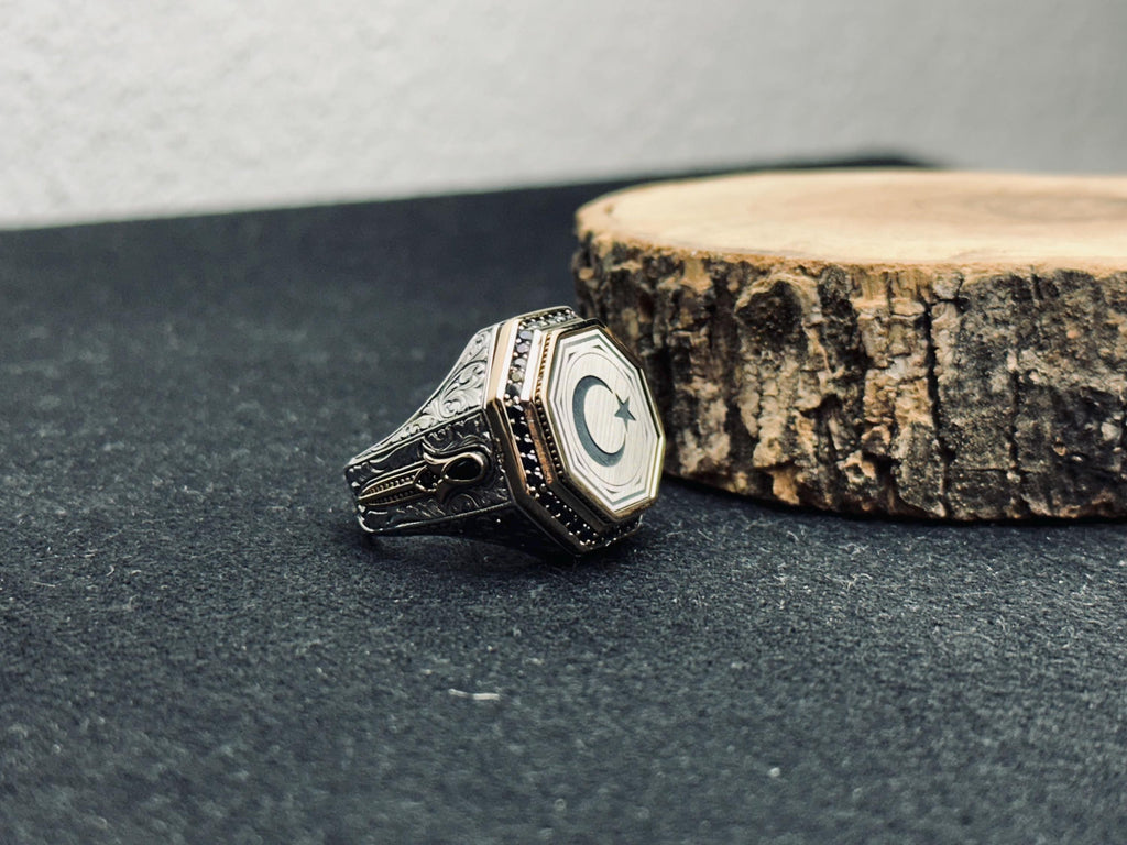 Turkish Silver Crescent-Star Ring, Ottoman Embossed (Handmade 925 Sterling)