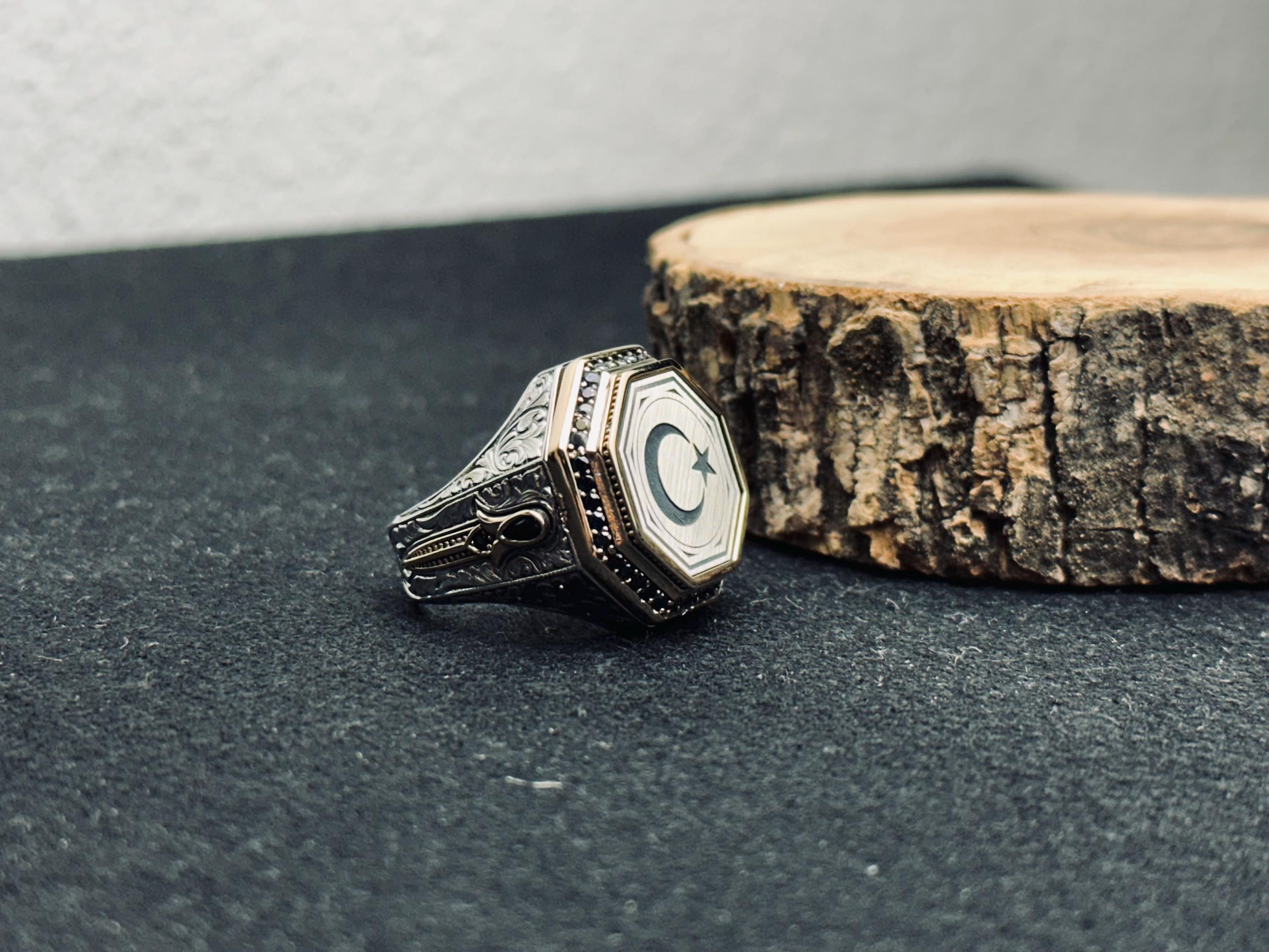 Turkish Silver Crescent-Star Ring, Ottoman Embossed (Handmade 925 Sterling)