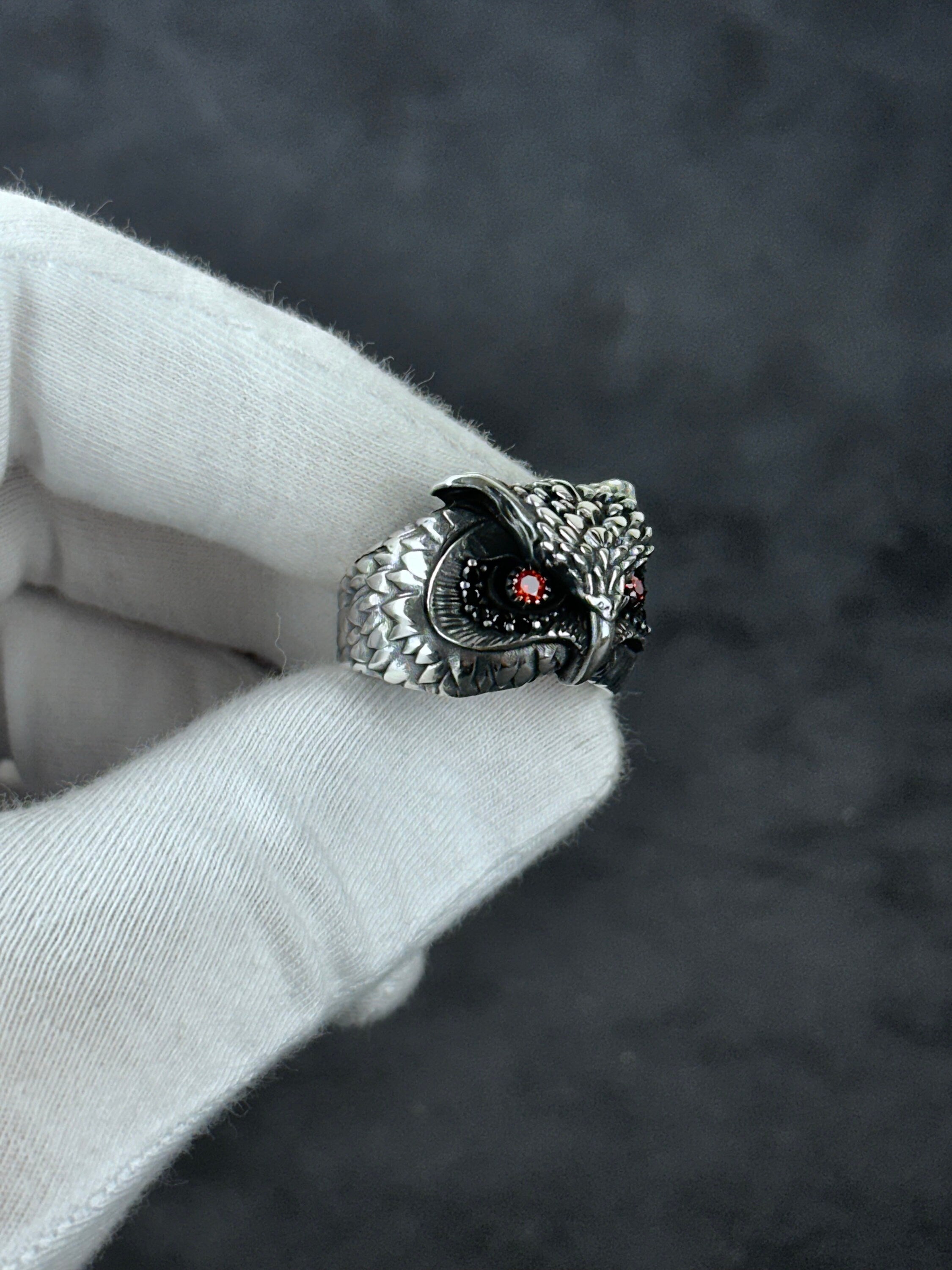 Owl Ring: Sterling Silver, Zircon Eye Detail - Handmade Statement