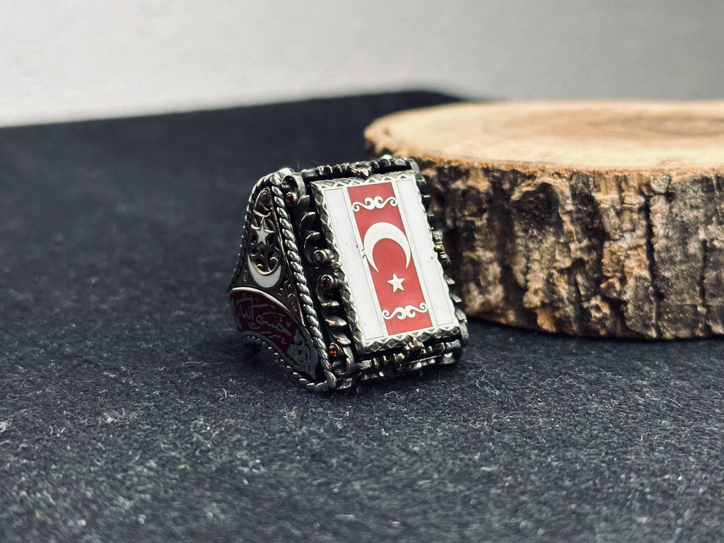 Red Stone Moon Star Ring, 925 Sterling Silver, Turkish Handmade Jewelry