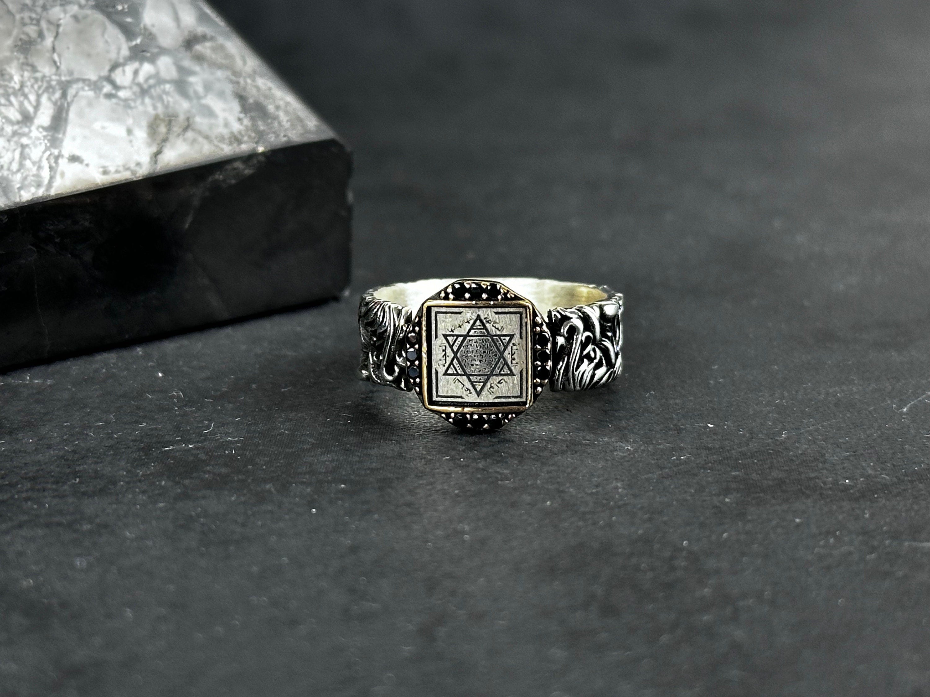Sterling Silver Solomon Seal Ring - Handmade Adjustable Protection Jewelry