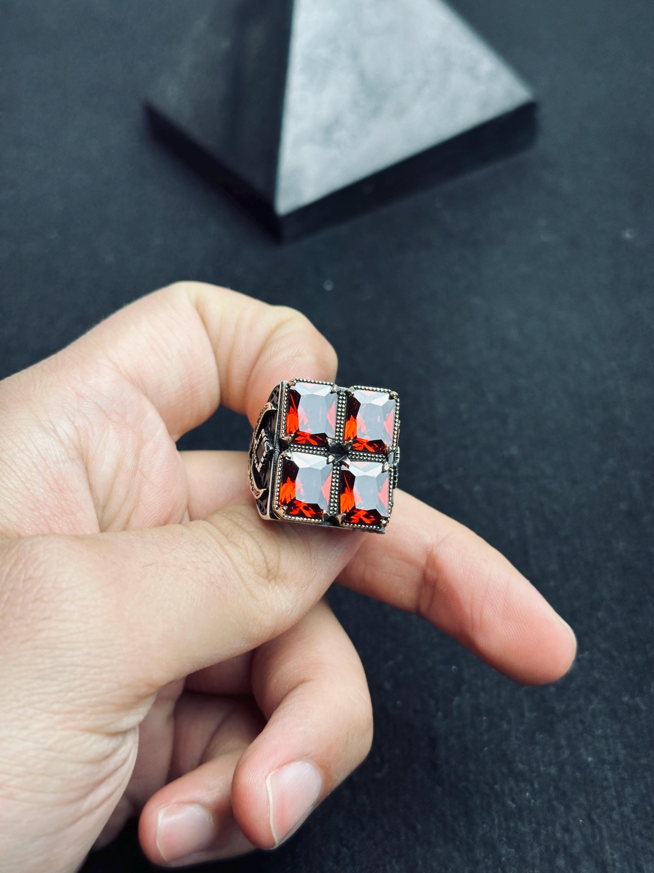 Men’s Ruby Silver Ring - Bold Four Stone Square Handmade Style