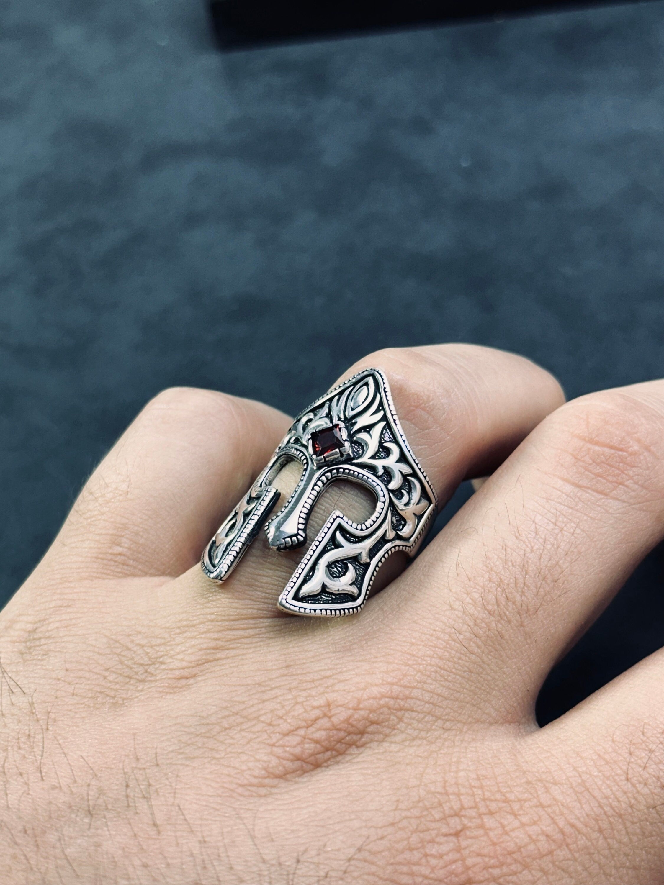 Helm Ring: Sterling Silver with Zircon - Handmade Warrior Design