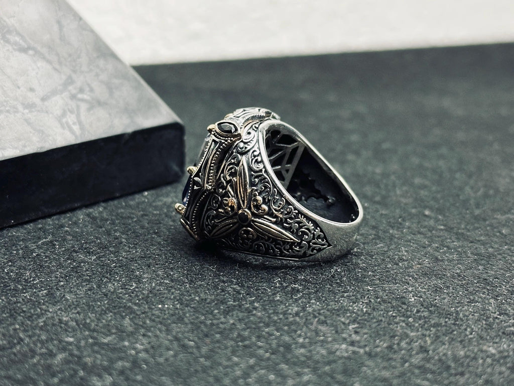 Blue CZ Men's Ring: Handmade Sterling Silver, Turkish Statement