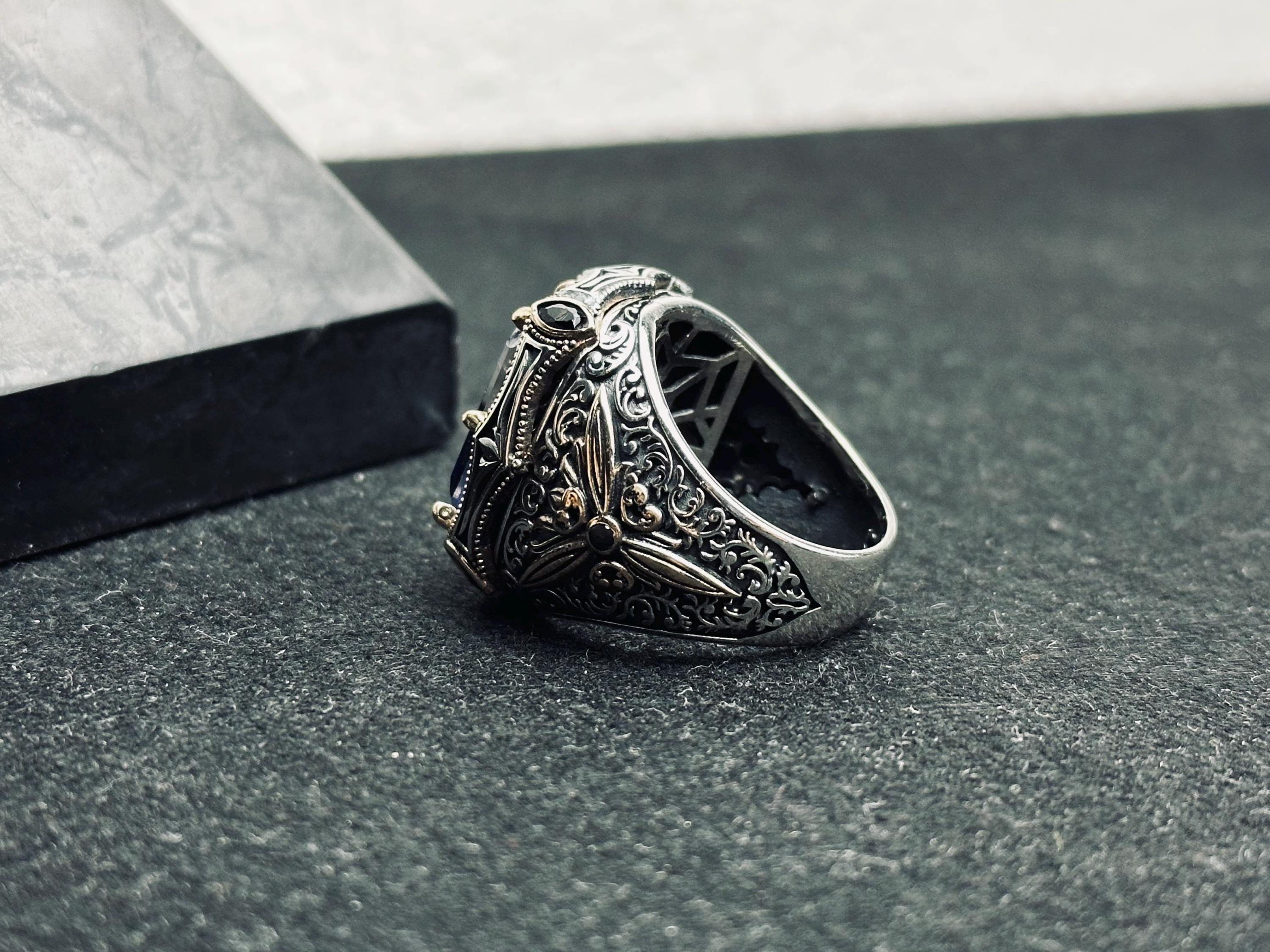 Blue CZ Men's Ring: Handmade Sterling Silver, Turkish Statement