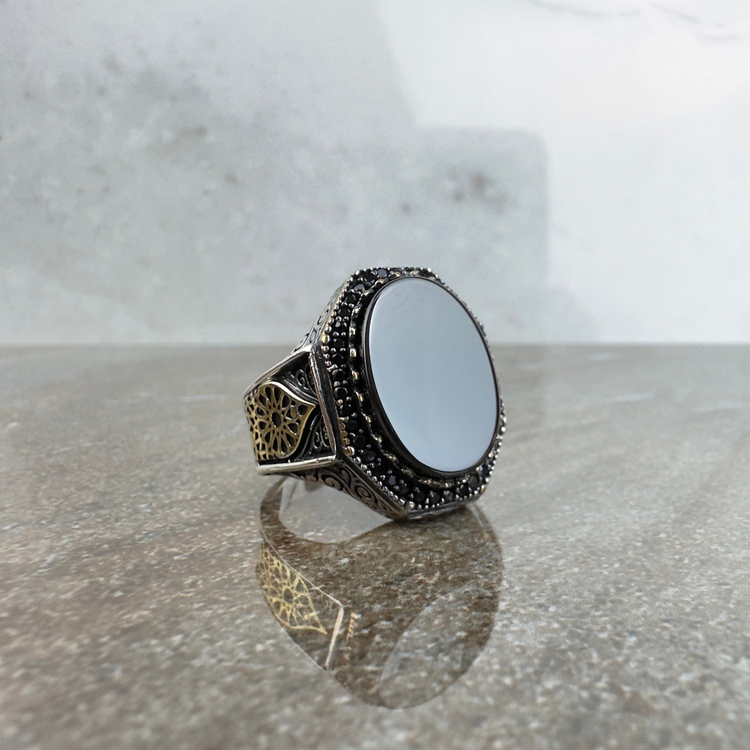 Onyx Gemstone Ring: Sterling Silver Men's Jewelry (Hand Engraved)