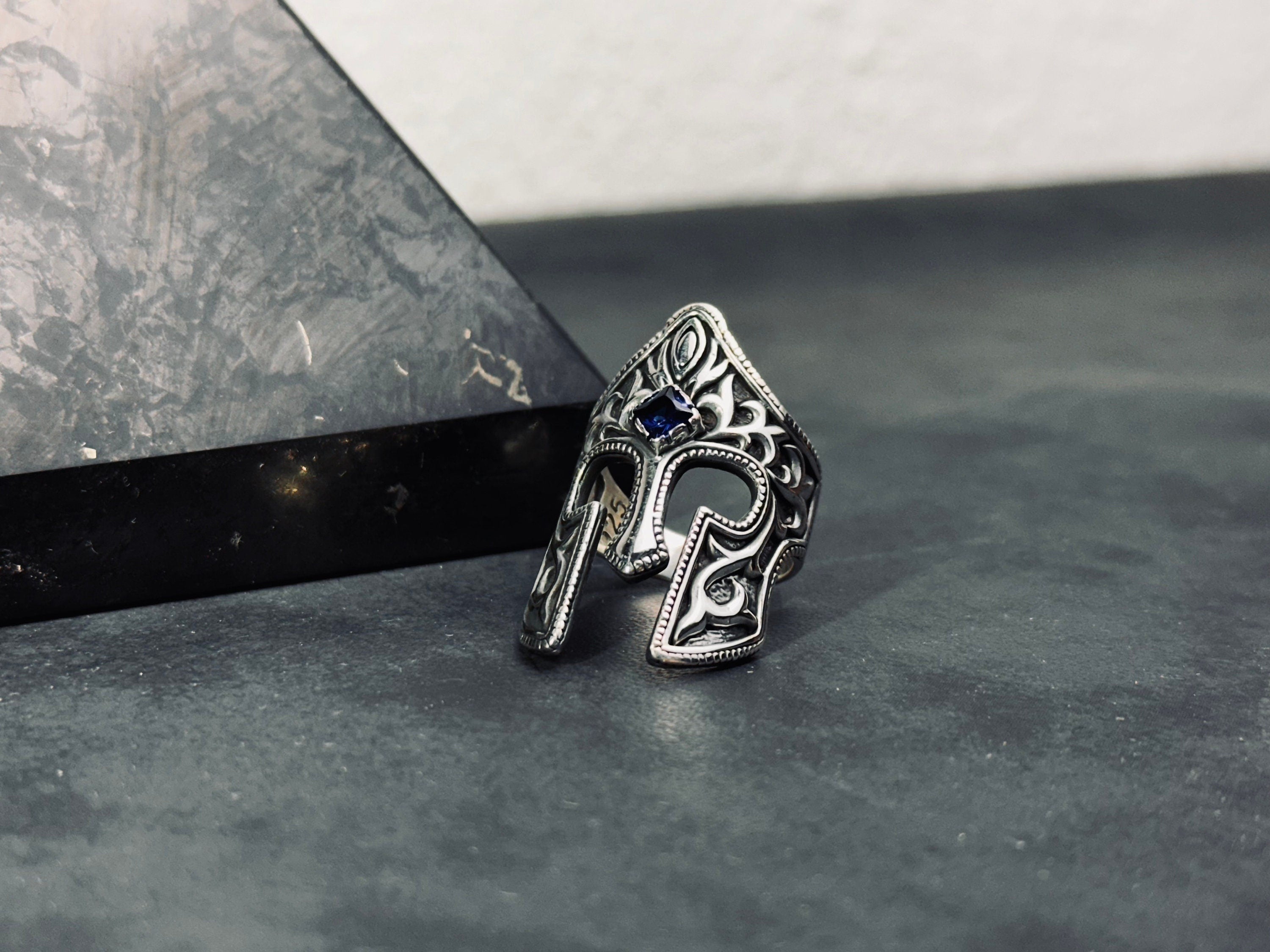 Spartan Helm Ring, Sterling Silver with Blue Zircon (Men's Size)