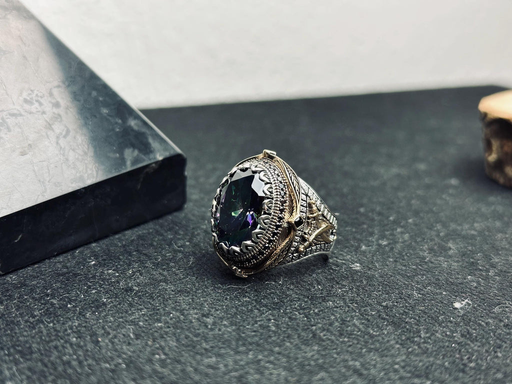 Mystic Topaz Ring: Oval Sterling Silver, Boho Men's Jewelry