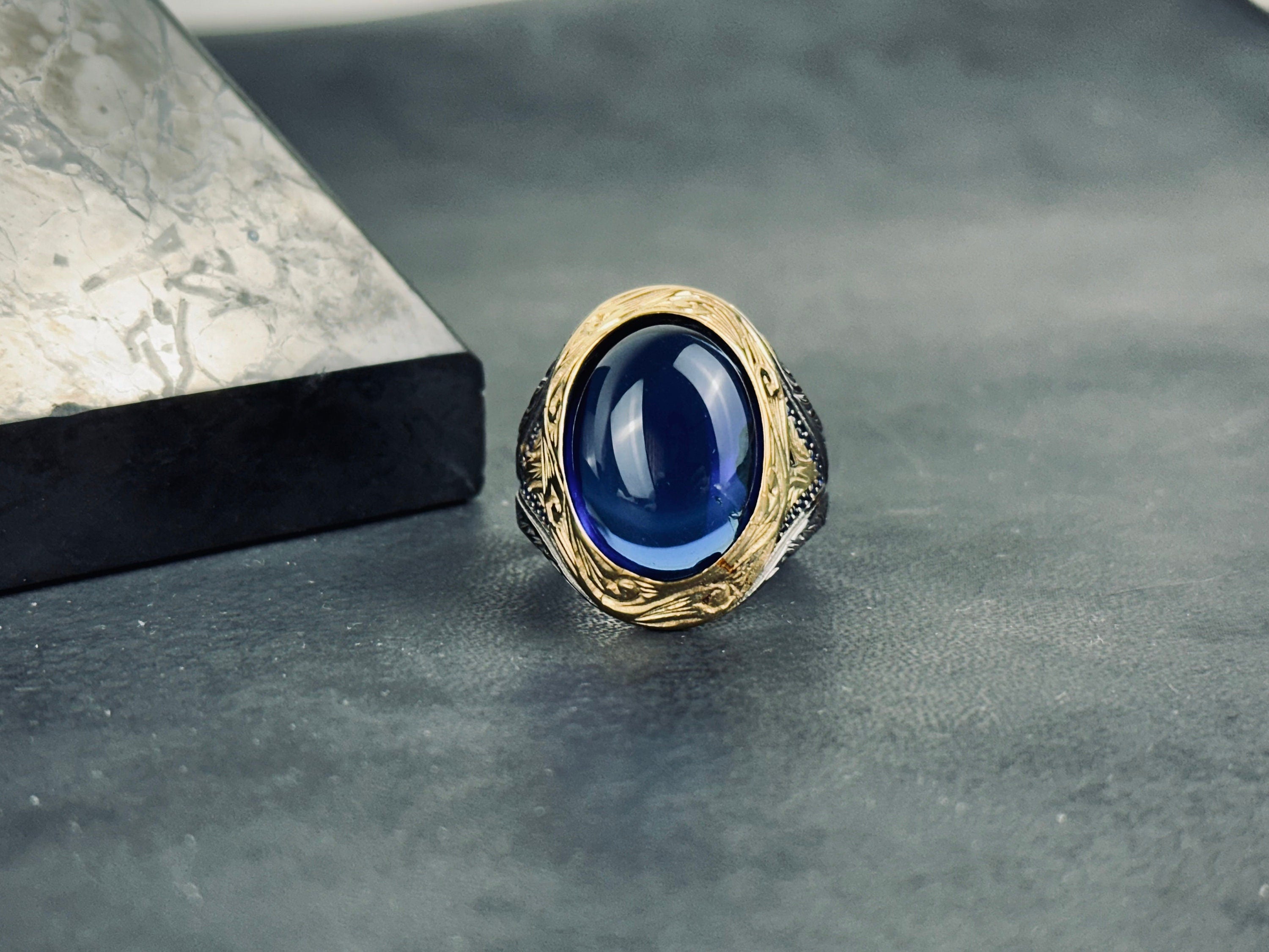 Zircon Statement Ring: Mystic Blue Oval - Sterling Silver