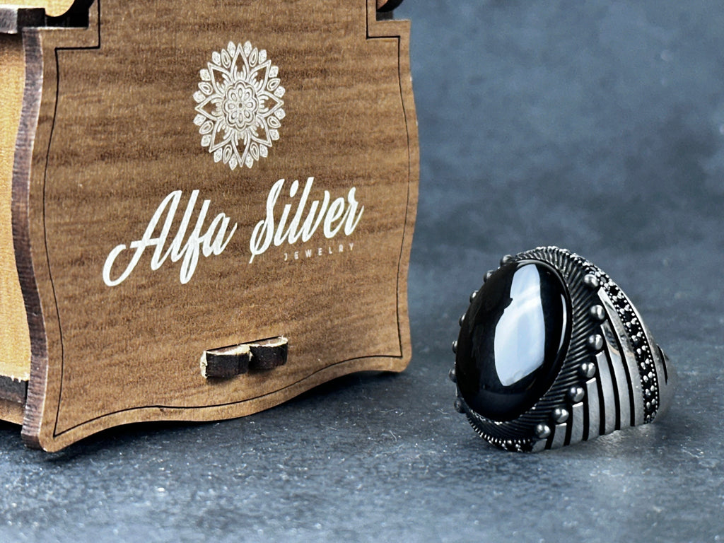 Onyx Ring: Sterling Silver Statement Jewelry (Nebula Cut Stone)
