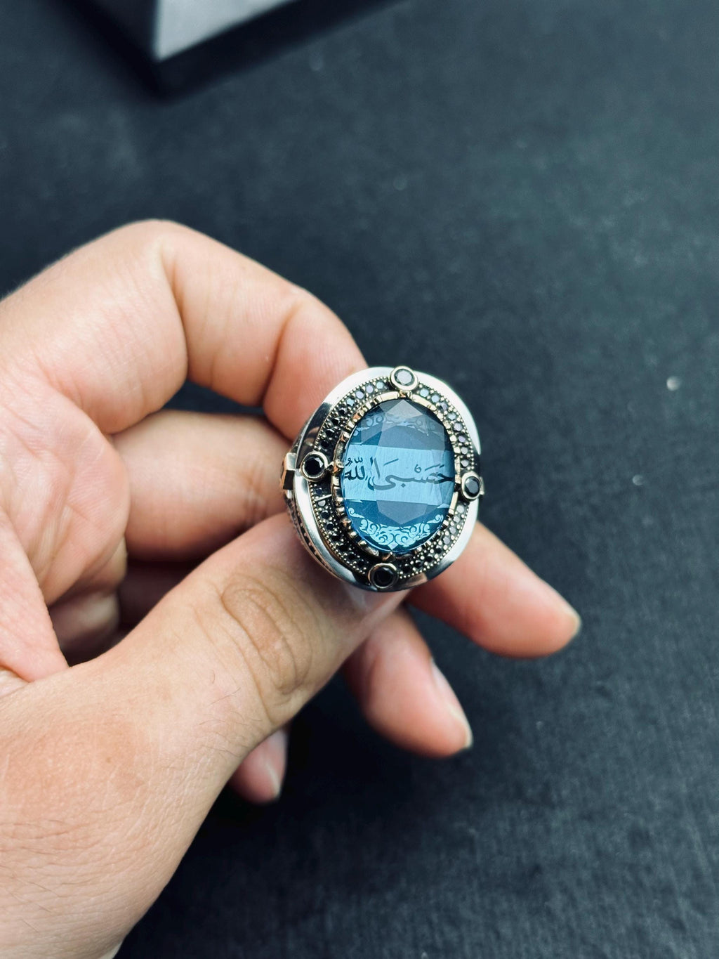 Men's Silver Ring: Aquamarine and Zircon - Arabic Prayer Inscription