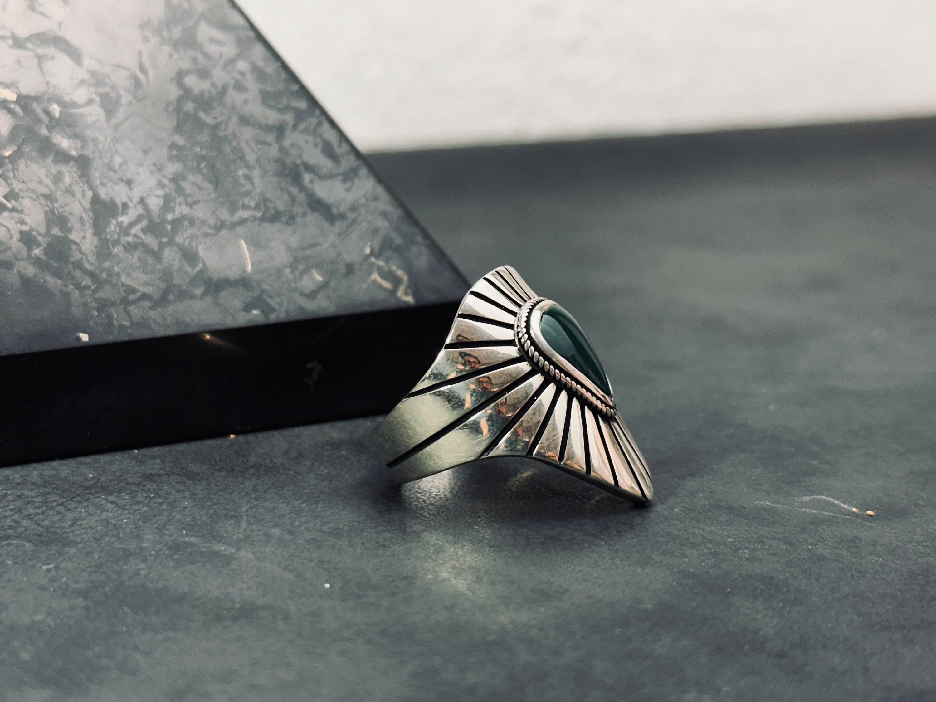 Men's Sterling Silver Ring, Green Agate Stone (Bold Signet Style)