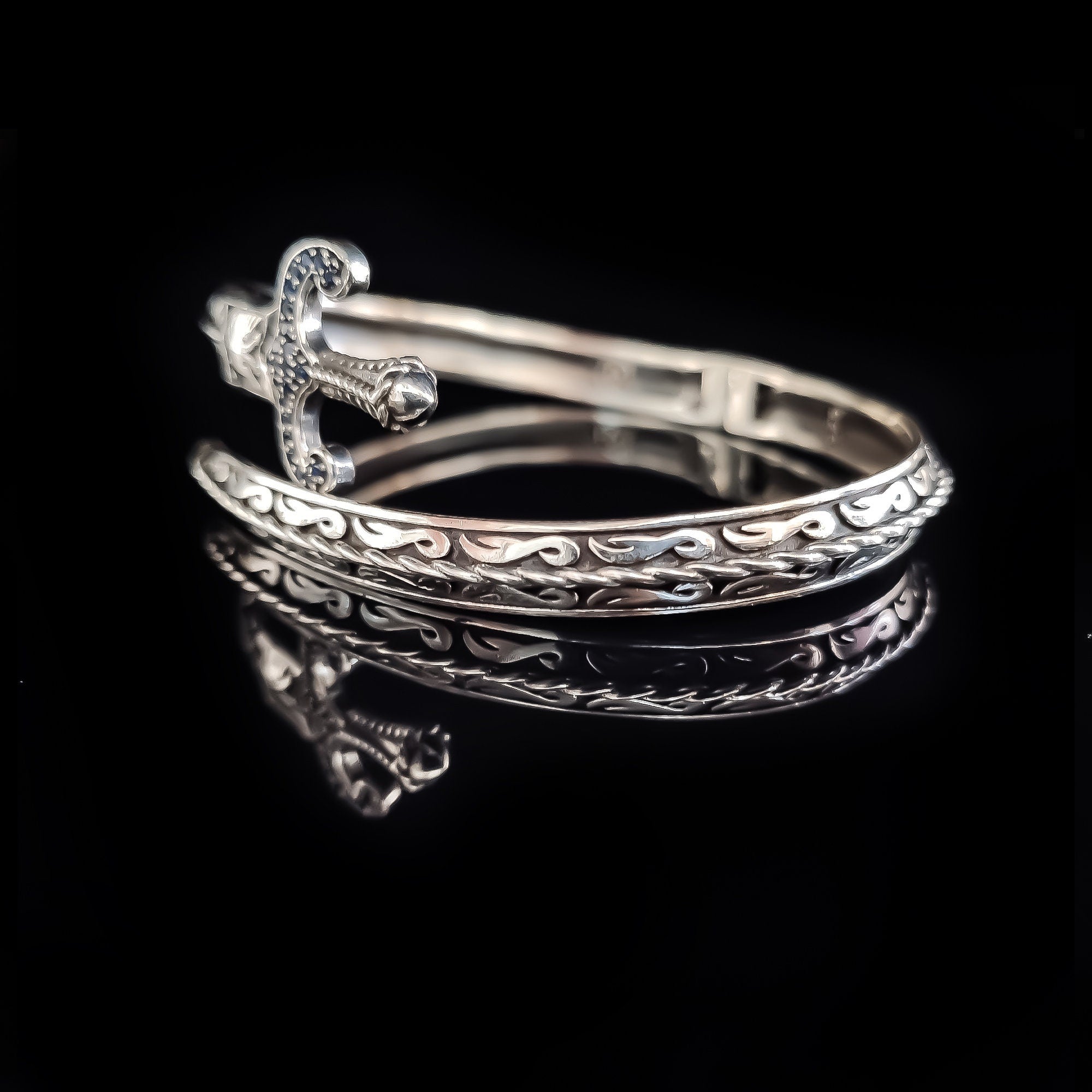 Sterling Silver Sword Bracelet - Sapphire Stone Warrior Cuff
