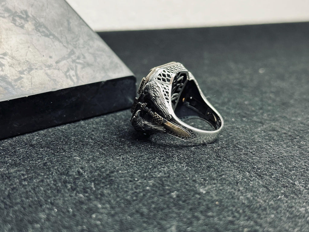 Men's Sterling Silver Ring: Black Zircon, Eagle Motif - Handmade