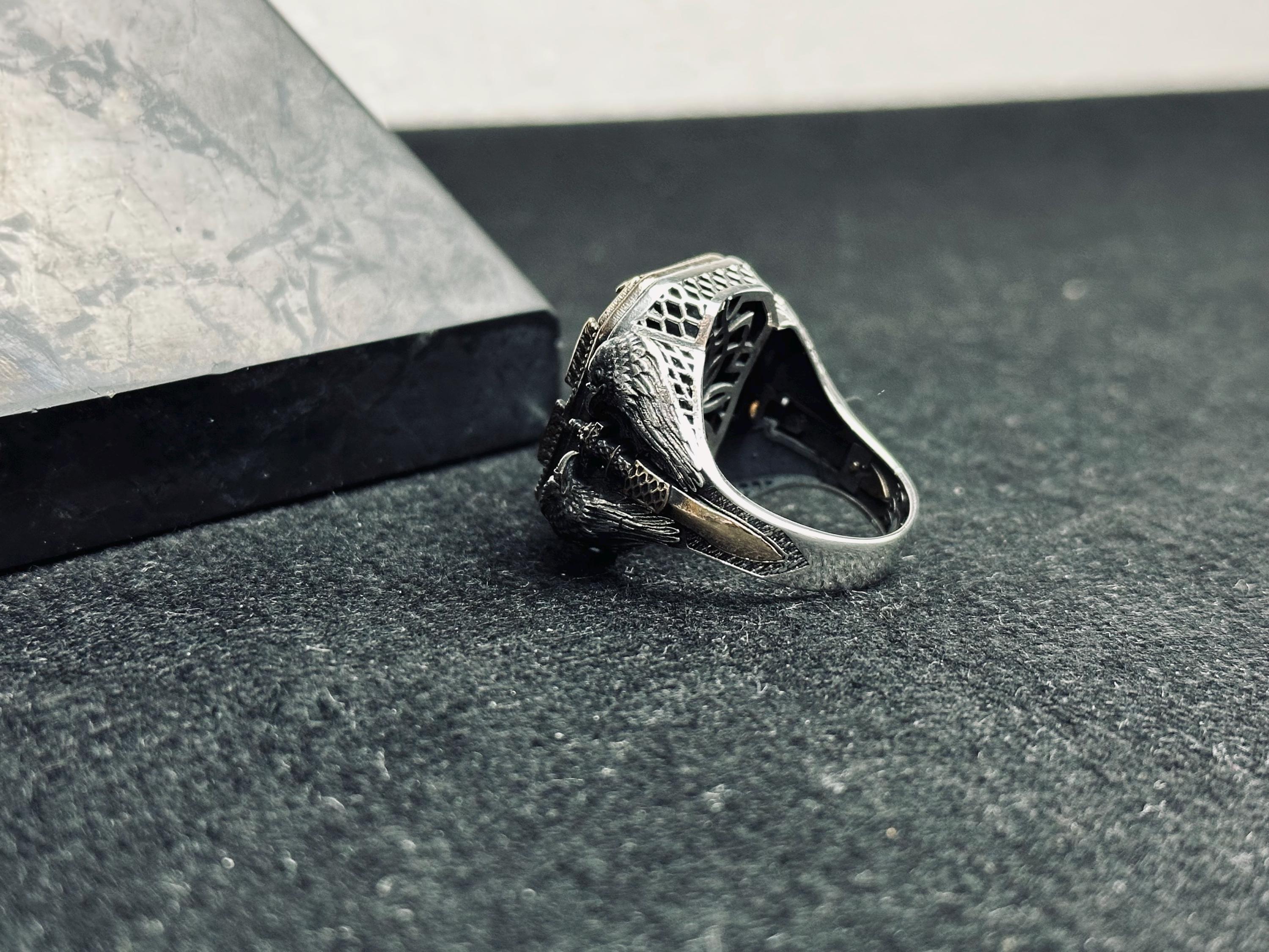 Men's Sterling Silver Ring: Black Zircon, Eagle Motif - Handmade