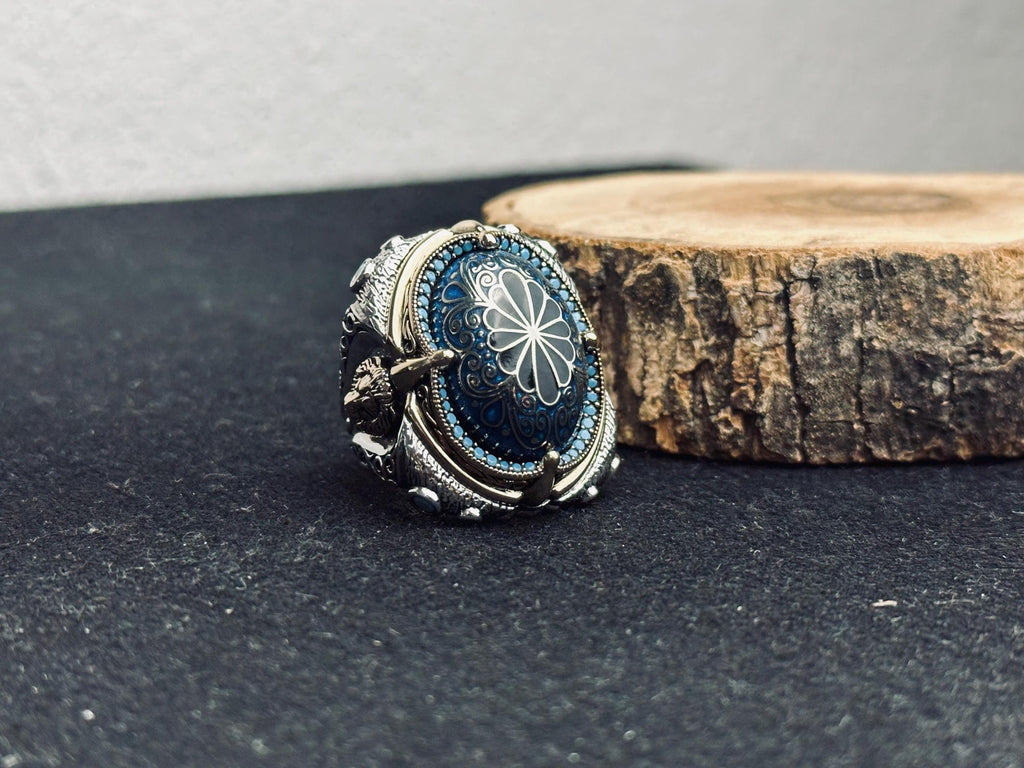 Sterling Silver Blue Stone Slice Ring, Handmade Ottoman Men Ring, Textured Signet Ring, Bold Statement Jewelry, Ramadan Gift
