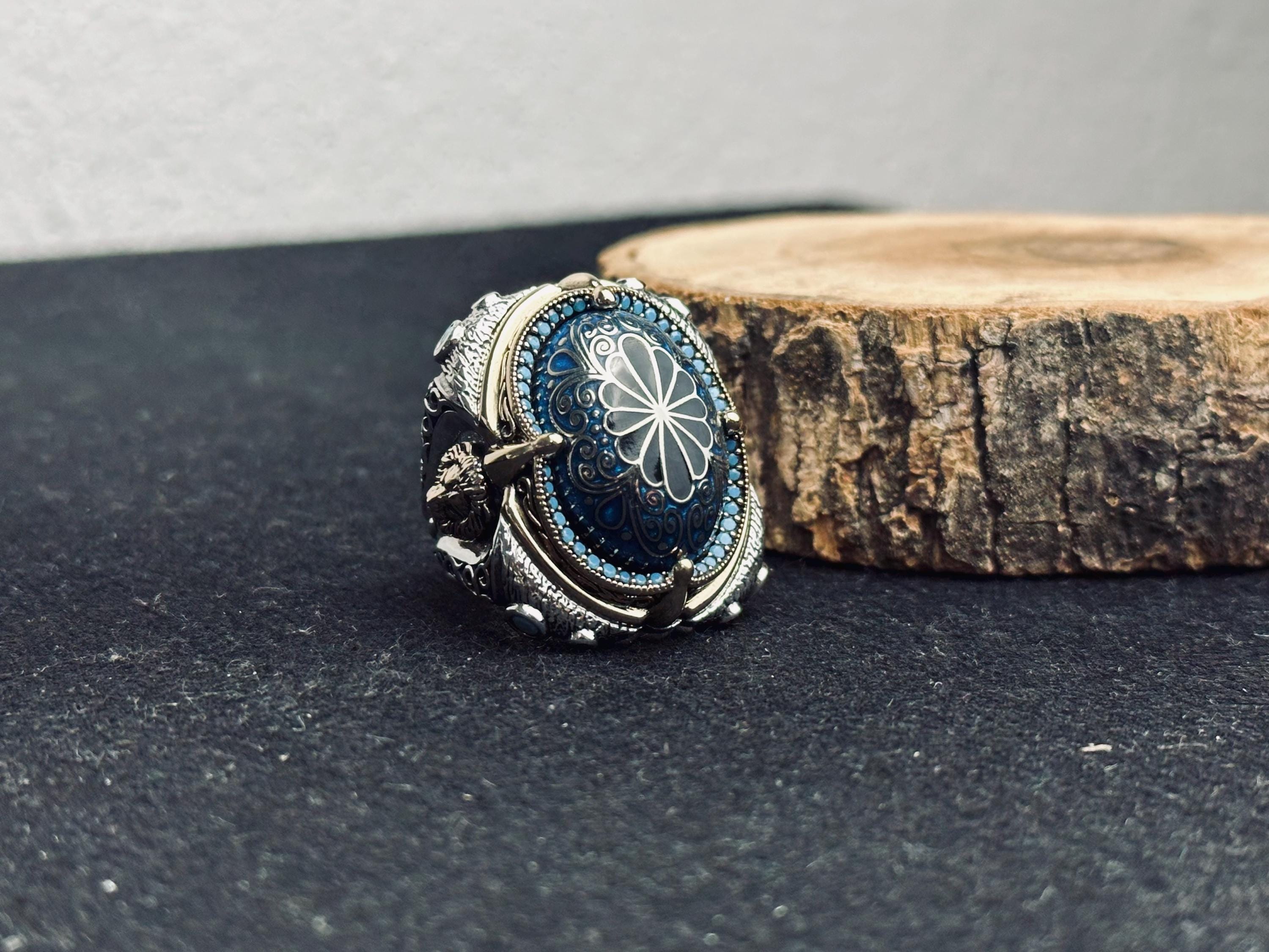 Sterling Silver Blue Stone Slice Ring, Handmade Ottoman Men Ring, Textured Signet Ring, Bold Statement Jewelry, Ramadan Gift