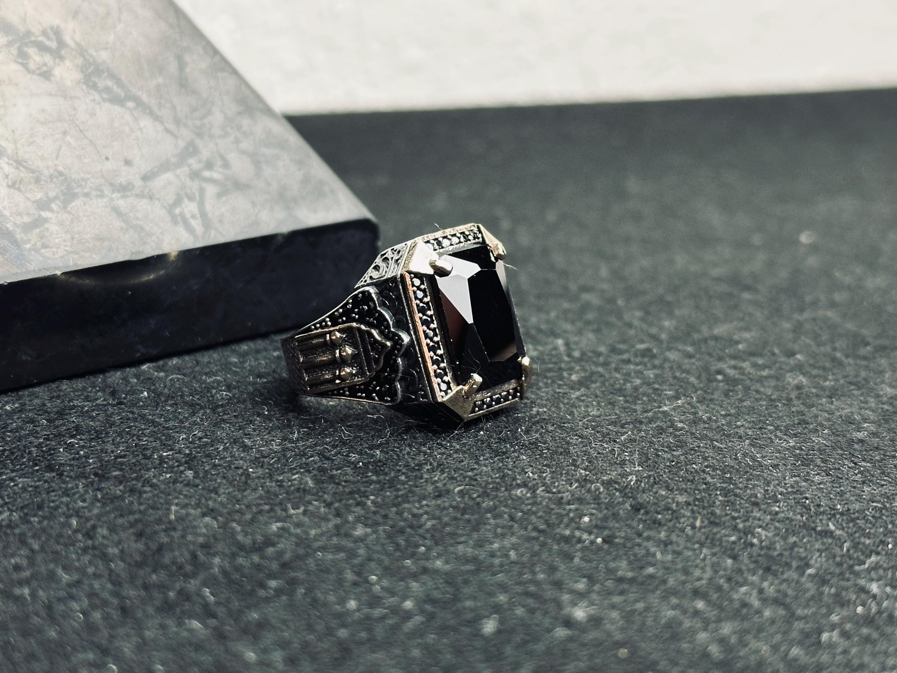 Men's Oxidized Silver Signet Ring, Black Zircon (Handmade 925 Sterling)