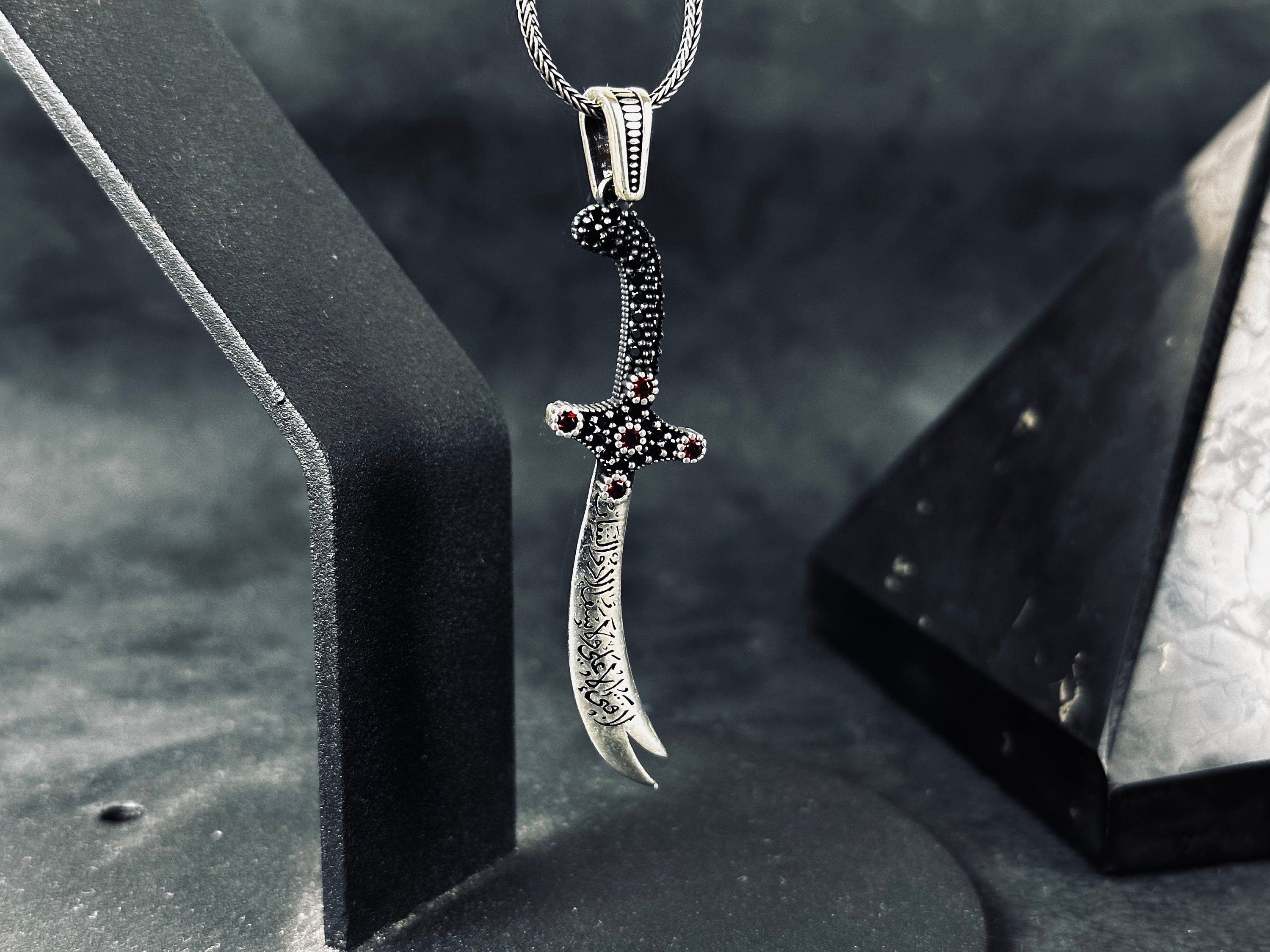 Islamic Silver Necklace, Zulfiqar Sword Pendant (With Zircon Stones)