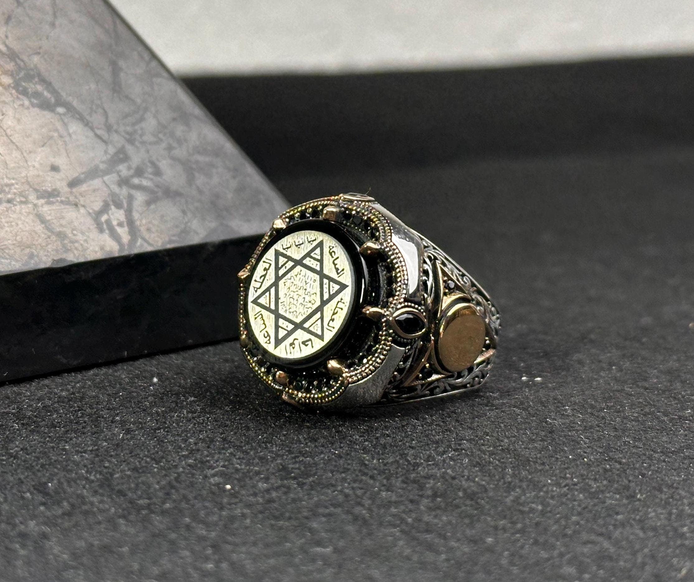 Engraved Seal of Solomon Ring: Amber, Sterling Silver (Men's Signet)