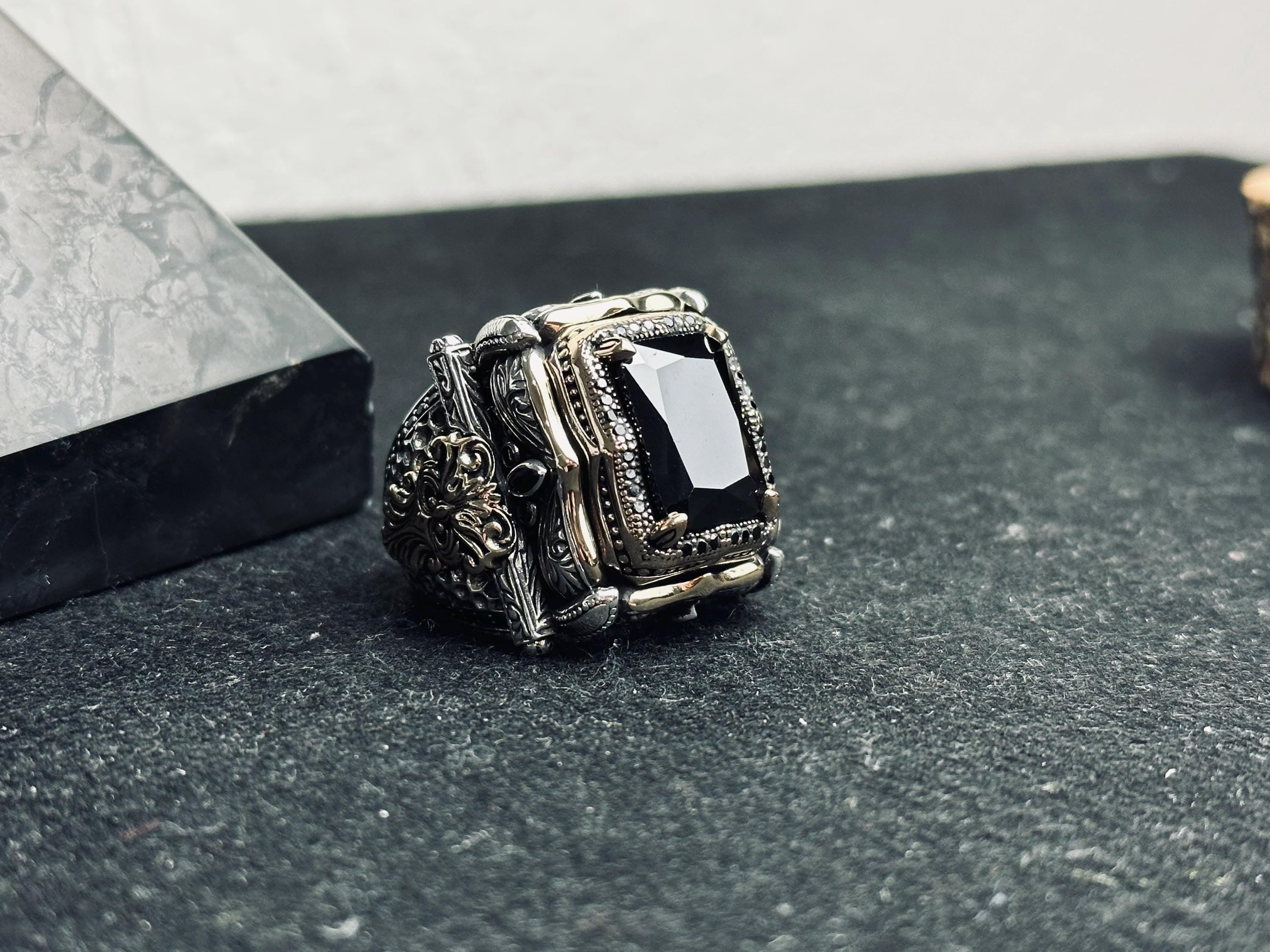 Black Zircon King Ring, 925 Sterling Silver Gothic Statement Jewelry