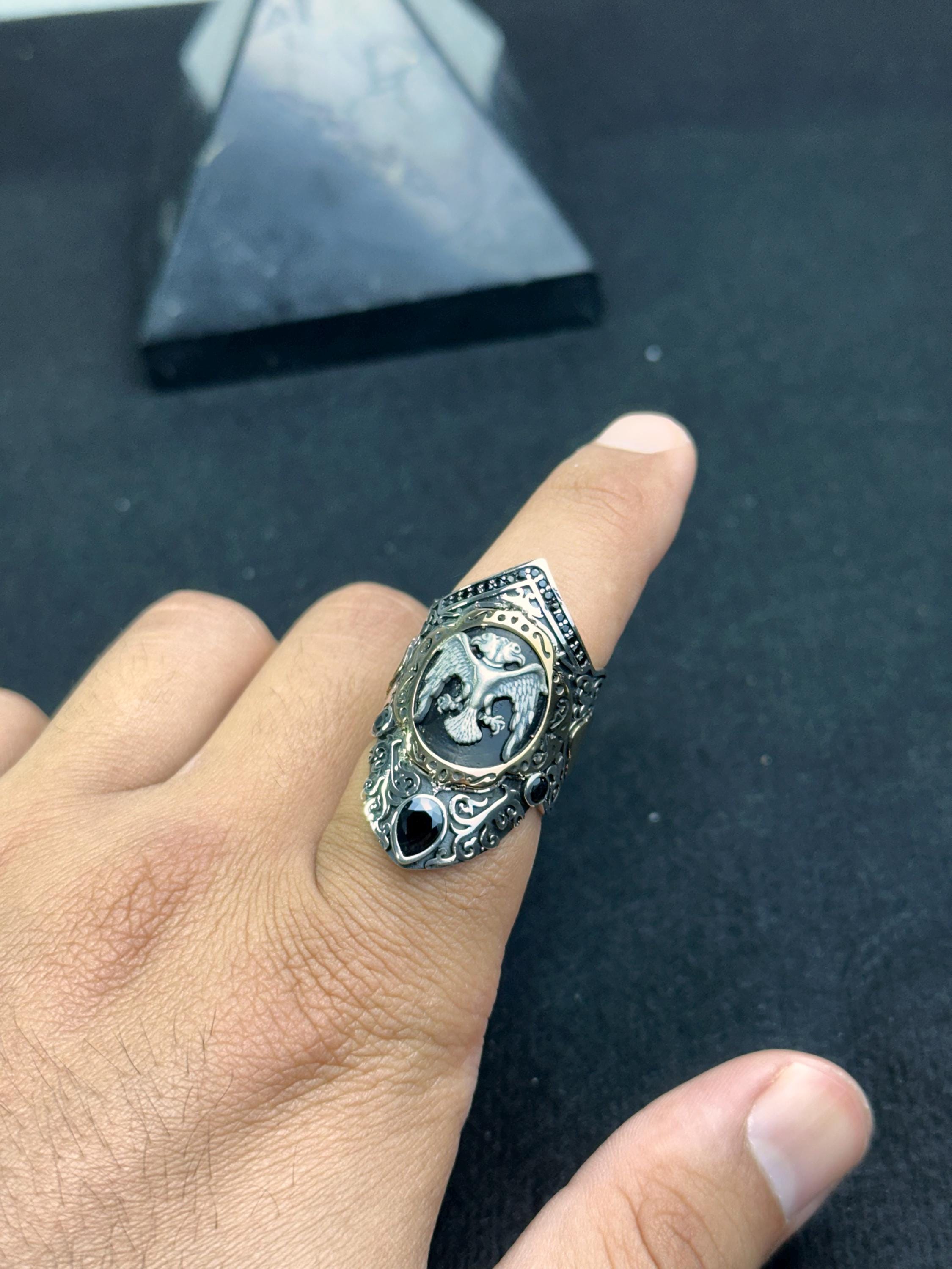 Double Headed Eagle Silver Ring, Handmade Thumb Band (Sterling 925)