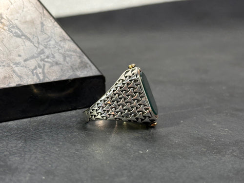 Aqeeq Ring: Green Agate Stone, Double Side Design (Sterling Silver)