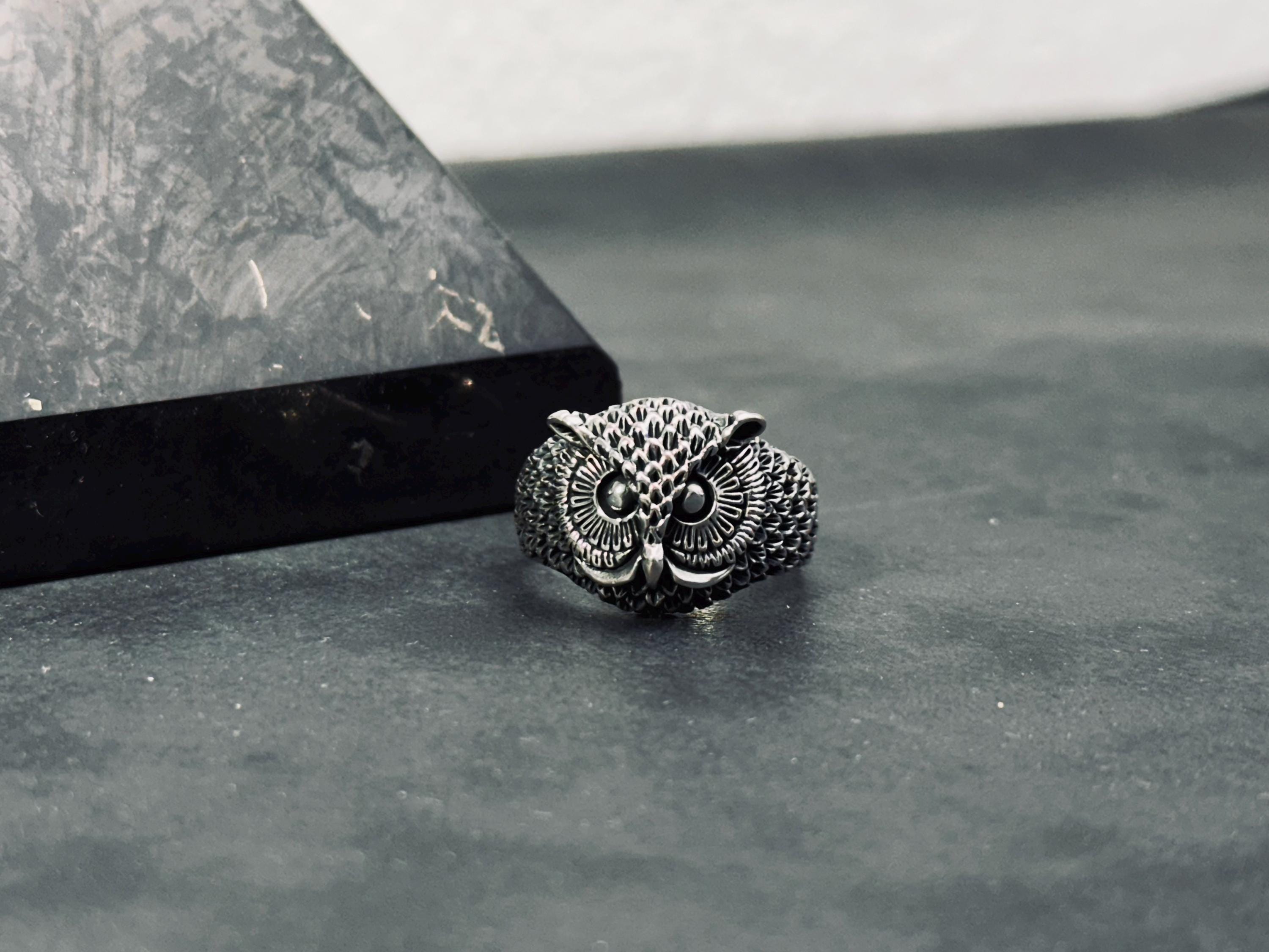 Sterling Silver Owl Ring, Oxidized Finish (Men's Handmade Size 8-12)