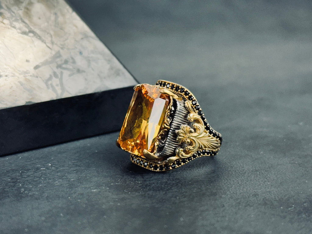 Statement Citrine Ring: Rectangular Cut in Silver (Handcrafted)