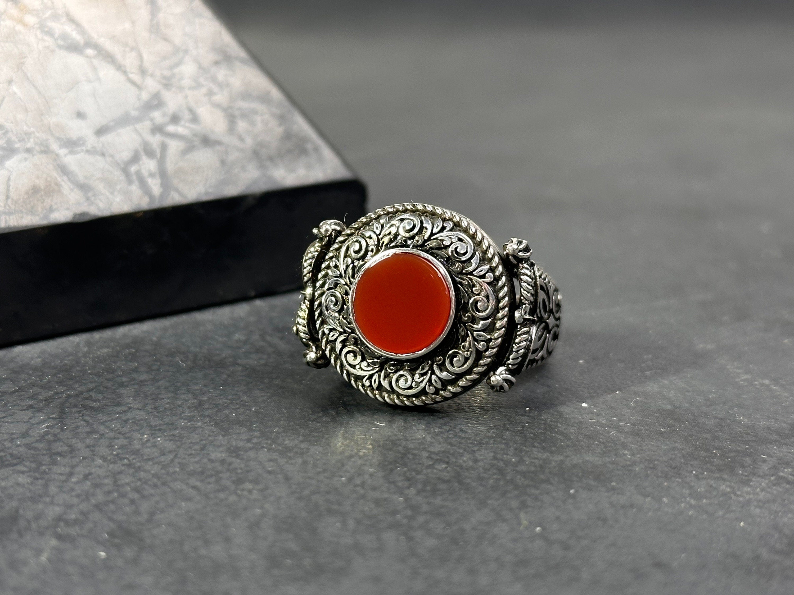 Men's Red Agate Ring, Sterling Silver Engraved (Everyday Wear)