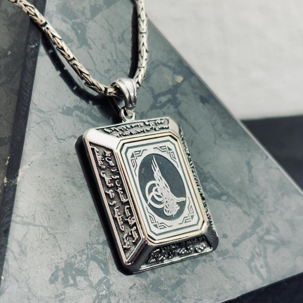 Square Ottoman Seal Necklace - Sterling Silver, Handmade Turkish Pendant