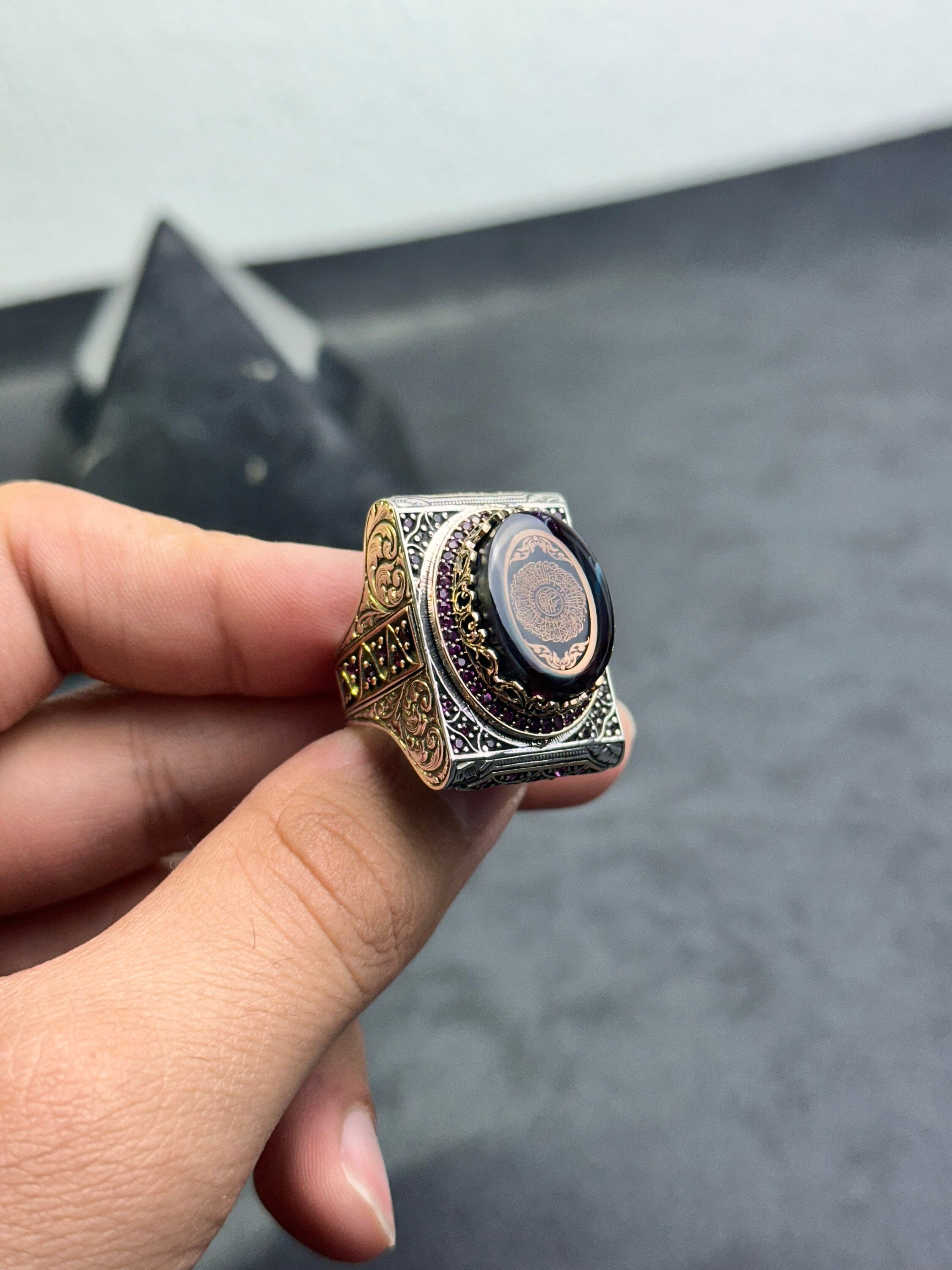 Sterling Silver Amber Ring - Handmade Arabic Inshirah Statement
