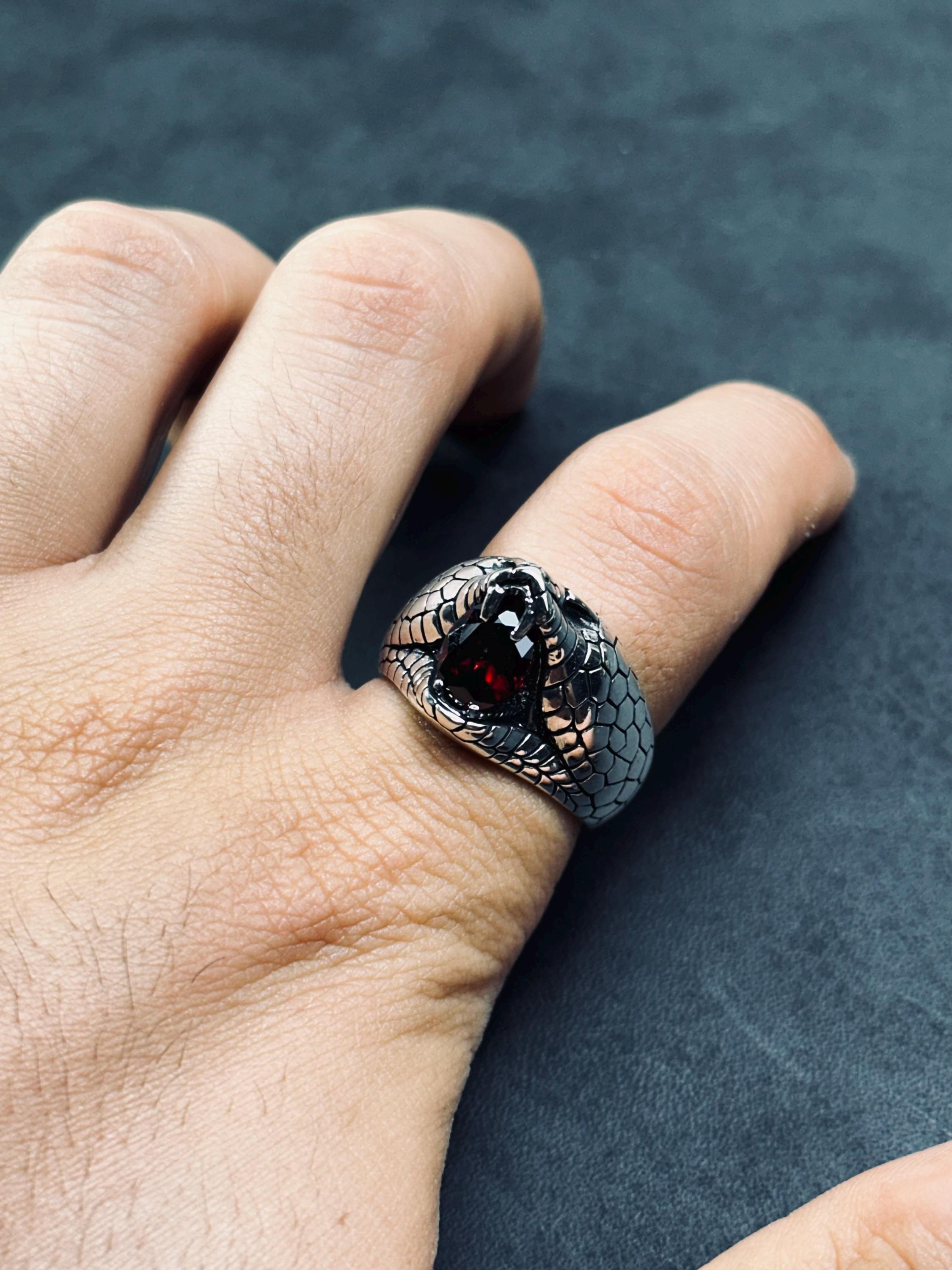 Engraved Sterling Silver Snake Ring: Red Cubic Zirconia Accent