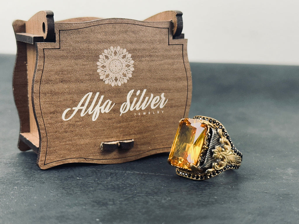 Statement Citrine Ring: Rectangular Cut in Silver (Handcrafted)