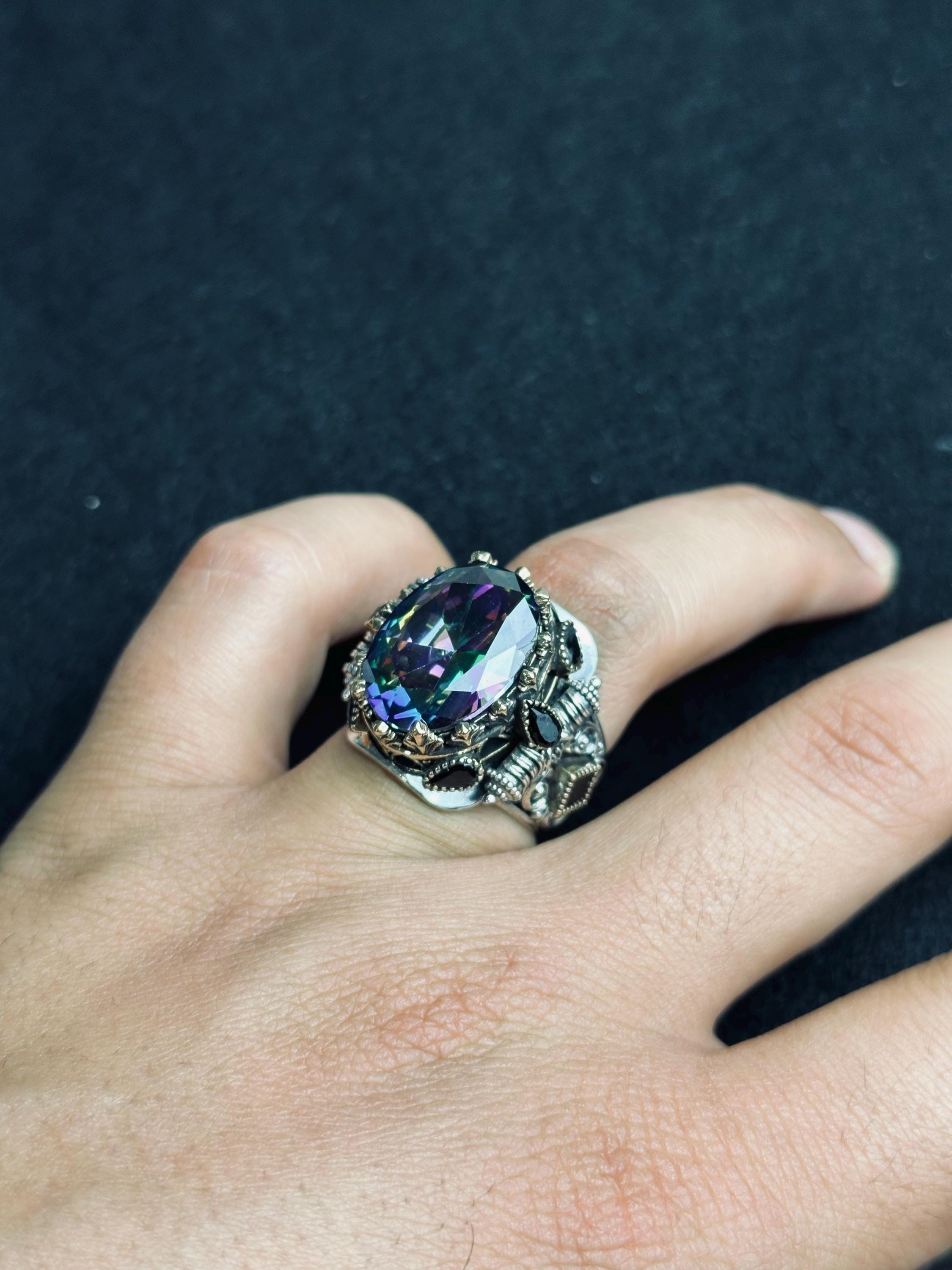 Men's Sterling Silver Ring: Mystic Topaz & Zircon Accents (Handmade)