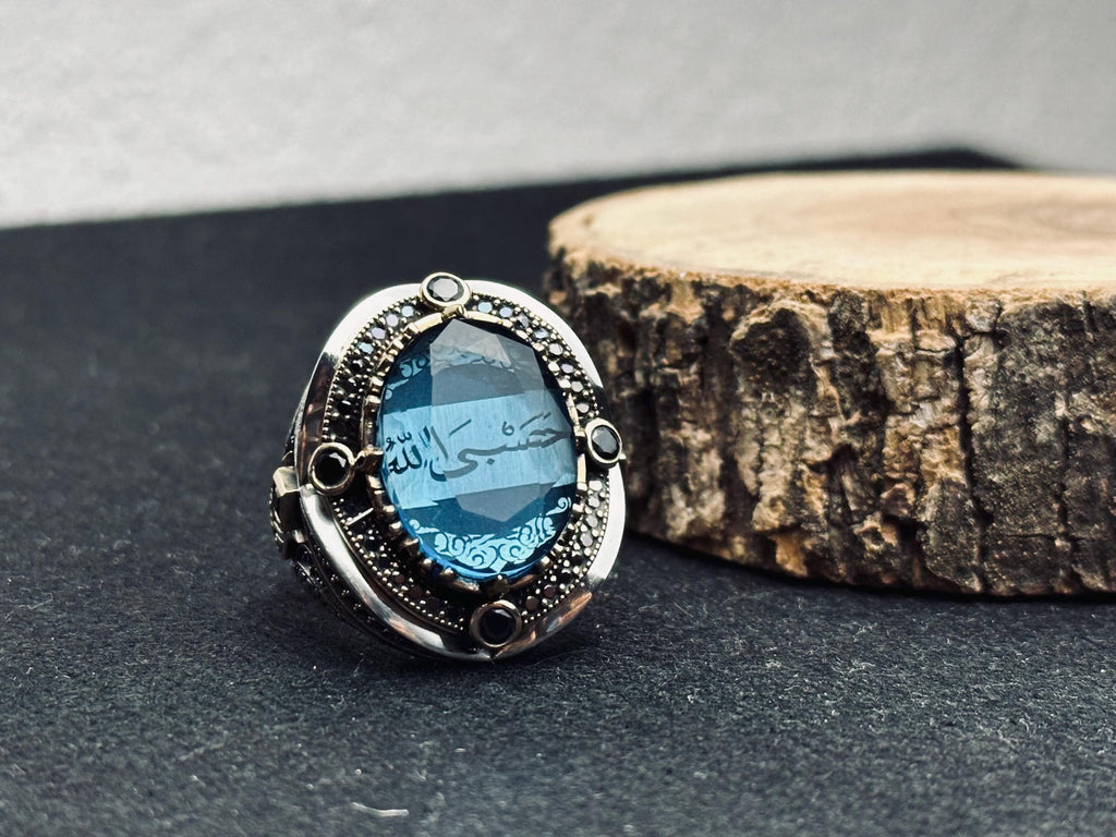 Men's Silver Ring: Aquamarine and Zircon - Arabic Prayer Inscription